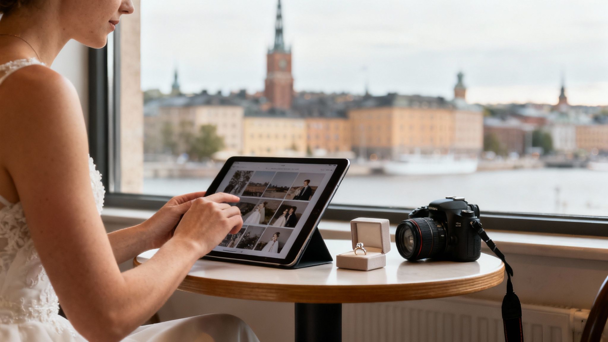 Ett brudpar som står nära varandra under ett träd i ett vackert landskap