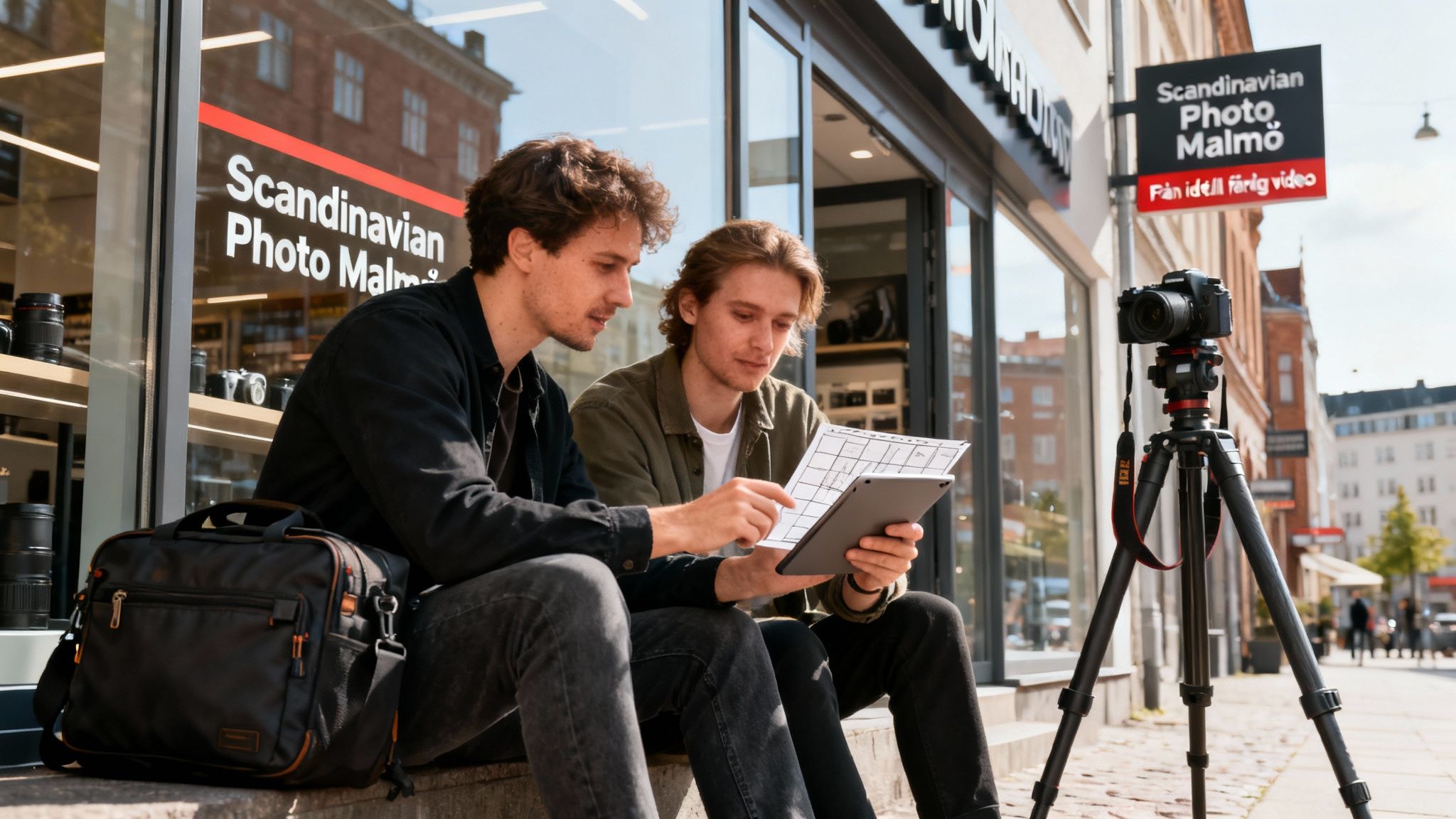 Två unga män sitter utanför Scandinavian Photo Malmö, tittar på dokument och en surfplatta med en kamera på stativ bredvid.