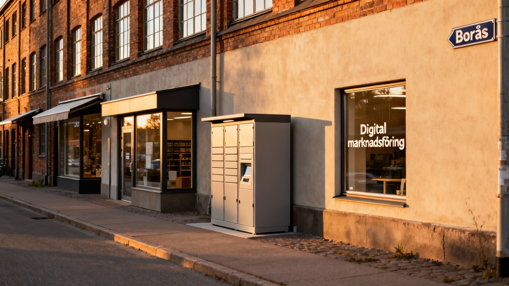 Gatuvy i Borås med butiker, ett paketombud och en skylt för digital marknadsföring i kvällssol.