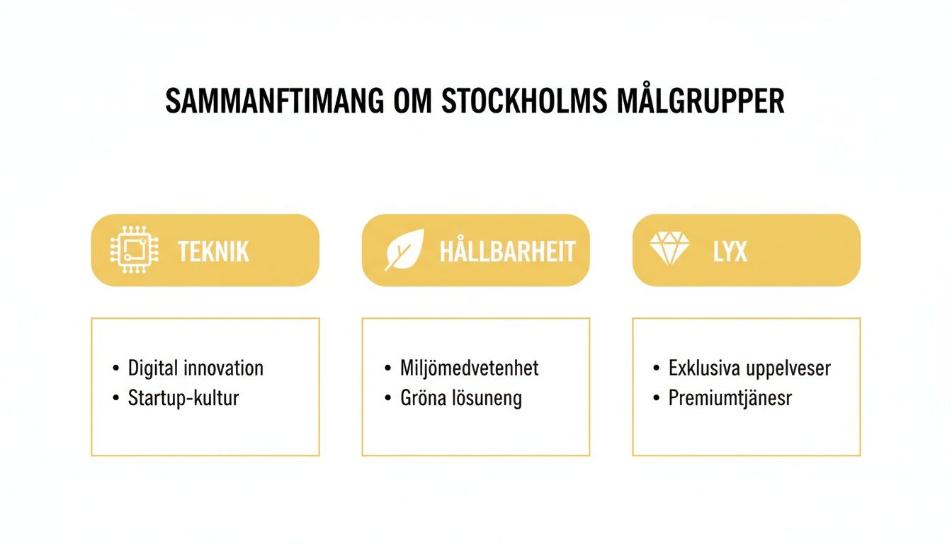 Översikt av Stockholms tre målgrupper: Teknik, Hållbarhet och Lyx, med tillhörande nyckelord för varje kategori.