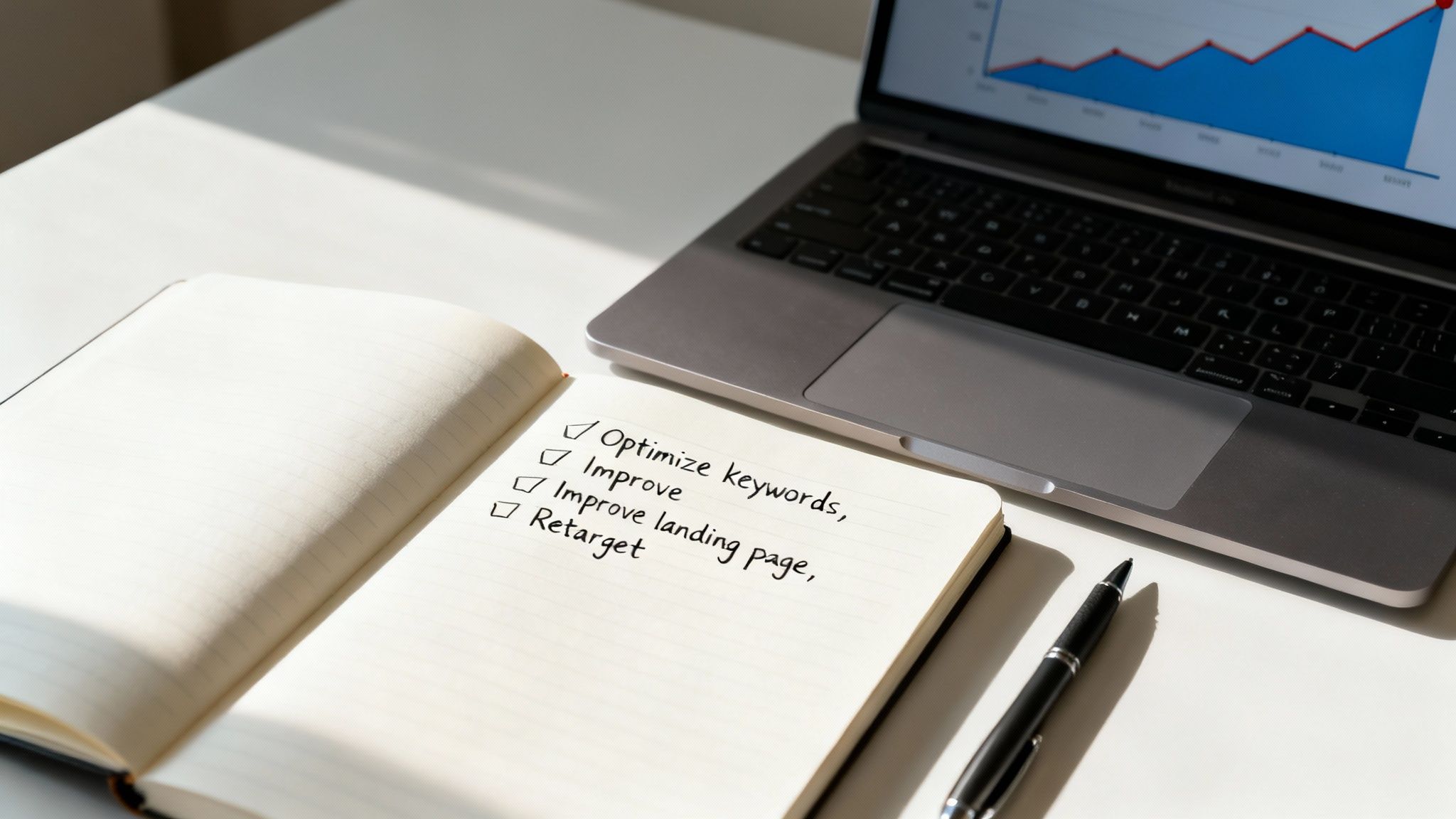 En öppen anteckningsbok med en SEO-checklista och en laptop med en laptop med grafer på ett vitt skrivbord.