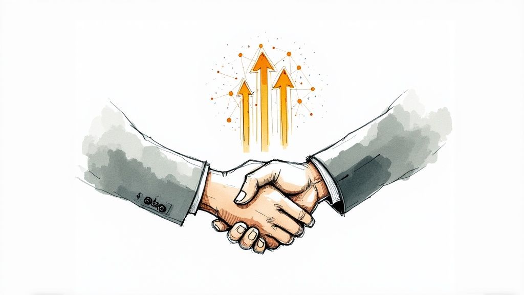 Två personer skakar hand över ett bord, symboliserar ett starkt partnerskap med en webbyrå.