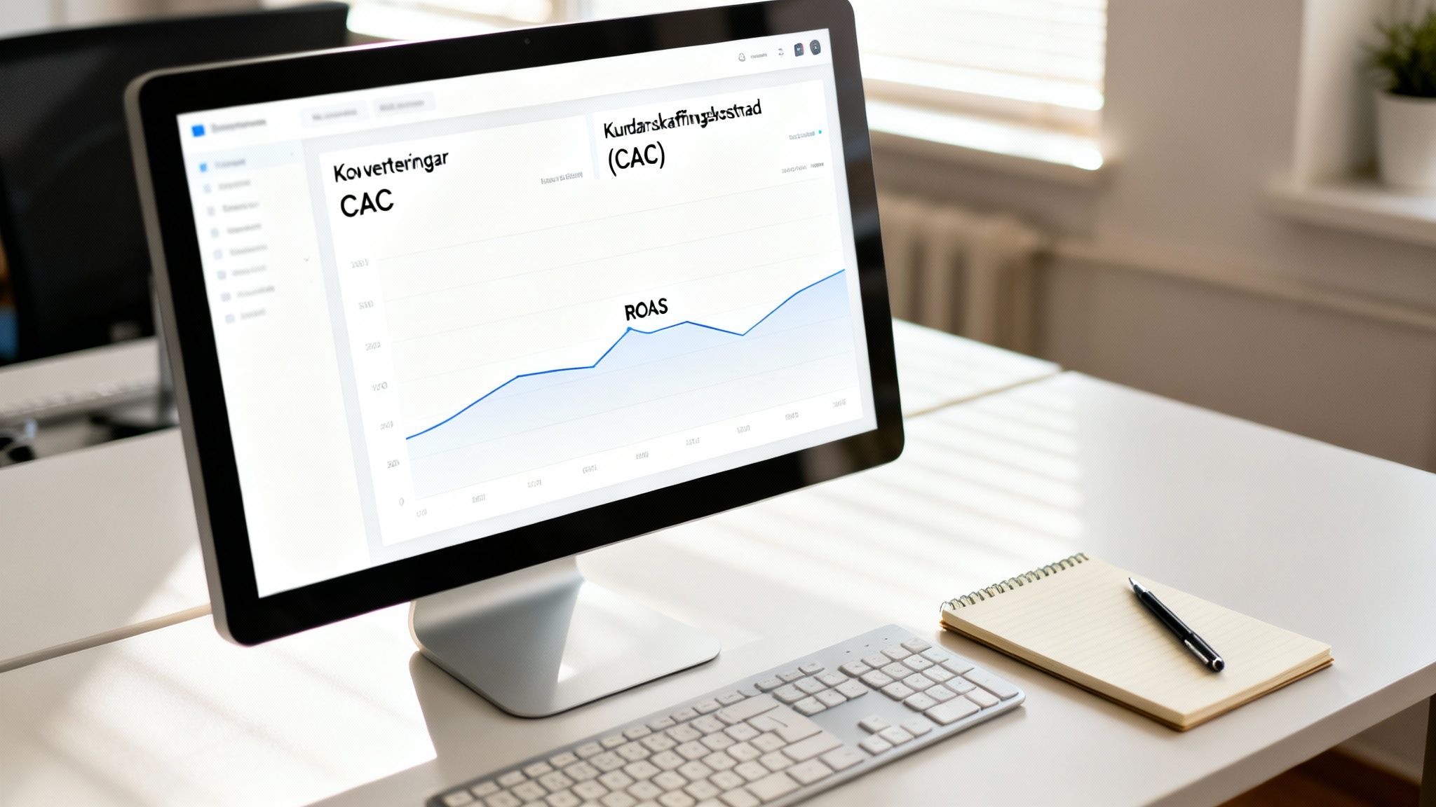 En datorskärm visar en graf över konverteringar, CAC och ROAS i en kontorsmiljö.