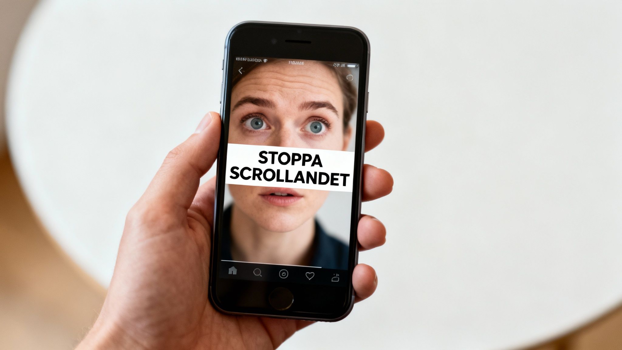 En hand håller en smartphone som visar en kvinnas ansikte med texten 'STOPPA SCROLLANDET' på skärmen.