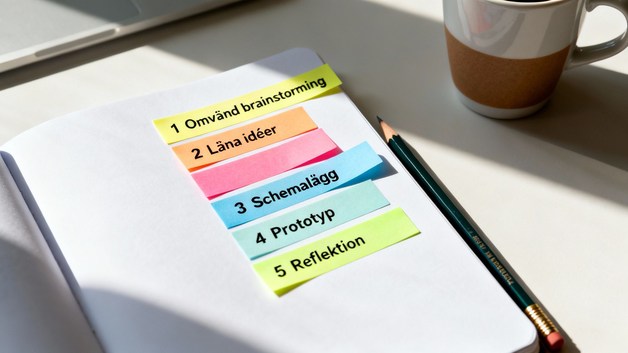 Öppen anteckningsbok med färgade post-it-lappar som beskriver en kreativ process eller projektplanering på ett skrivbord.