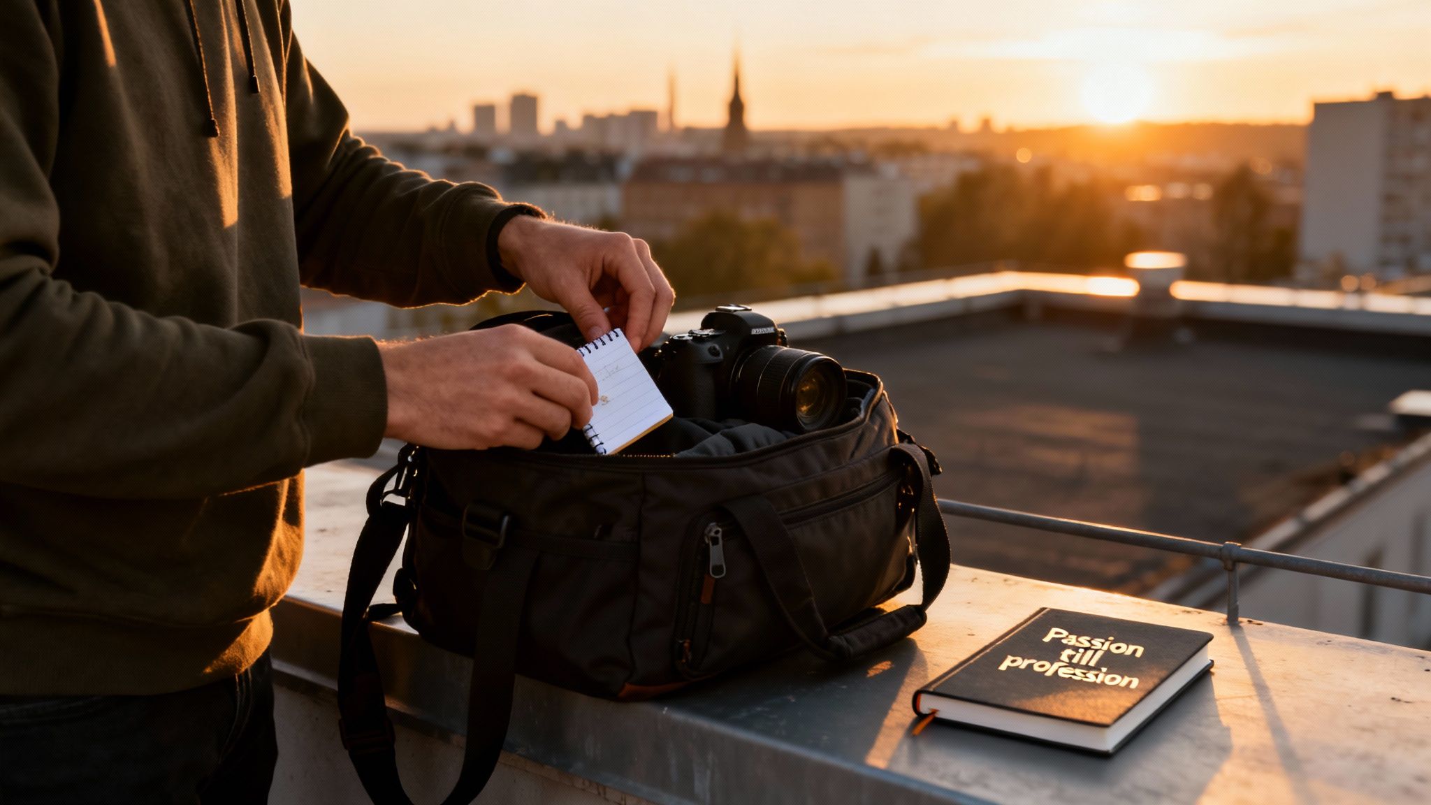 En man packar ner en anteckningsbok i en kameraväska på ett tak vid solnedgången. En bok "Passion till profession" ligger bredvid.