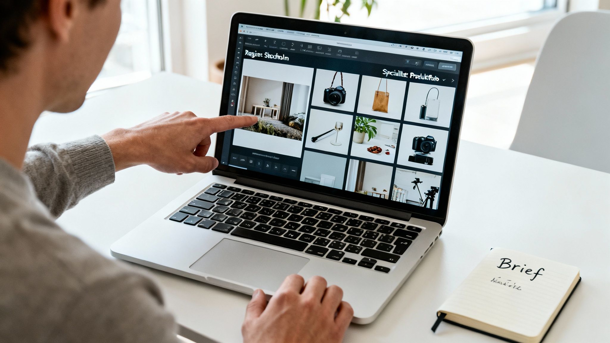 En person pekar på en laptopskärm som visar en webbplats med fotogallerier av inredning och produkter.