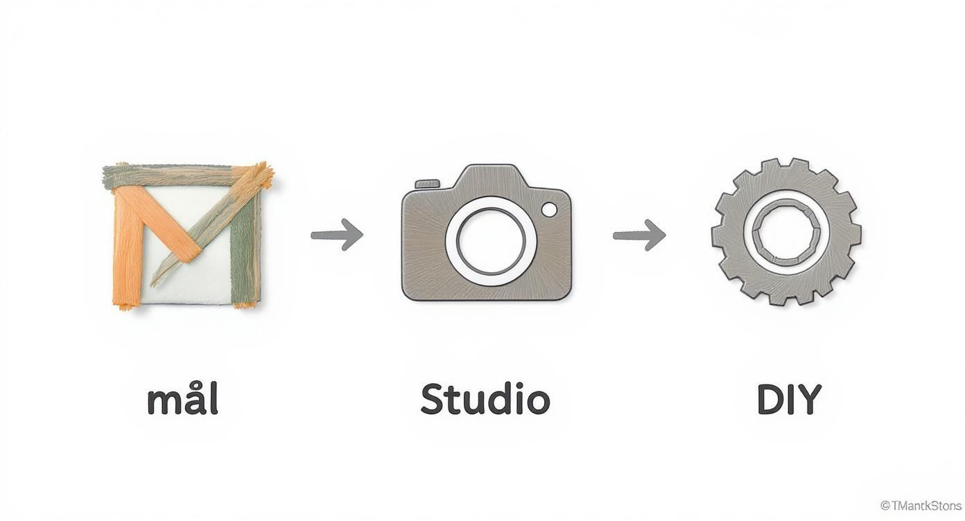 Visuellt arbetsflöde från målning till fotostudio och DIY-processer med pil-indikatorer mellan stegen