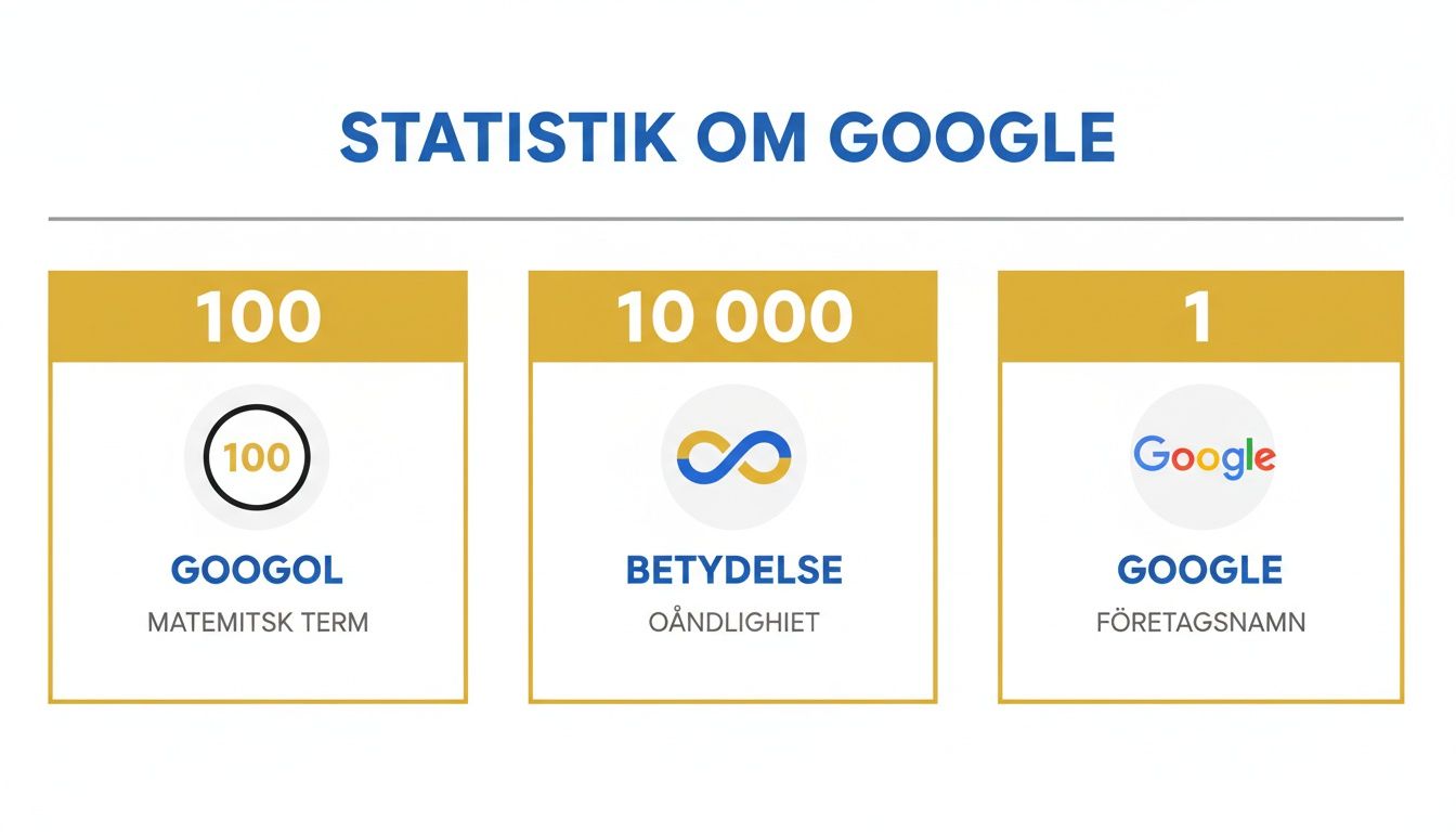 Infografik som visar statistik om Google, dess ursprung som matematisk term (googol) och koppling till oändlighet.