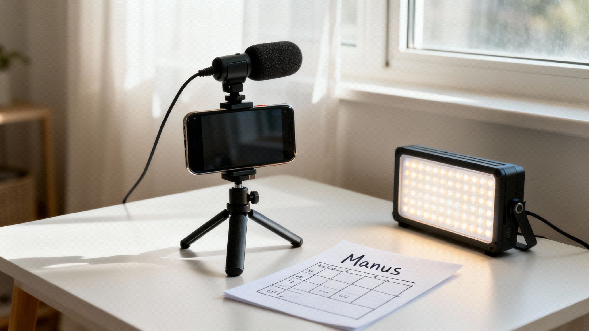 Mobiltelefon på stativ med mikrofon, LED-lampa och manus på ett vitt skrivbord, redo för videoproduktion.