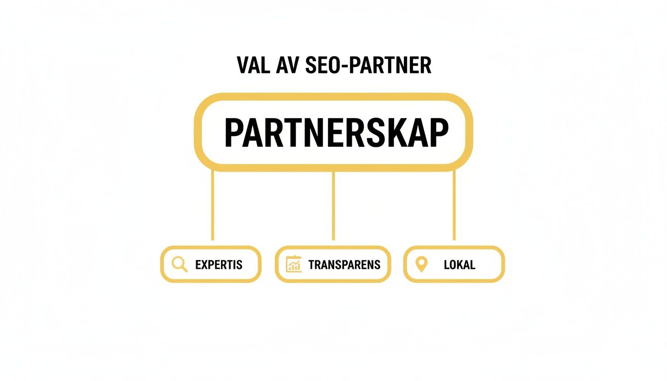 Diagram som visar viktiga faktorer för val av SEO-partner: expertis, transparens och lokal närvaro.