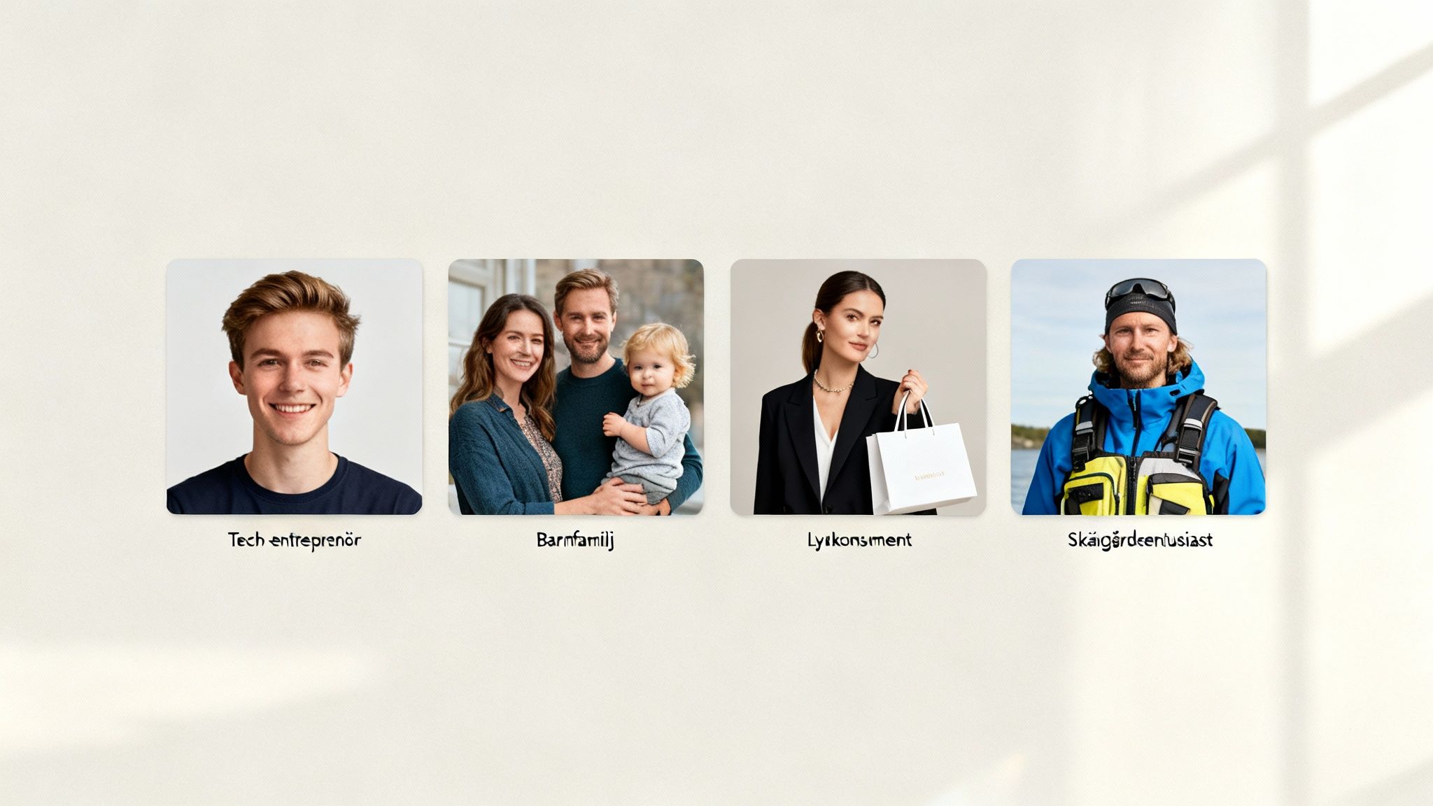 Fyra bilder visar olika kundsegment: en tech-entreprenör, en barnfamilj, en lyxkonsument och en skärgårdsentusiast.