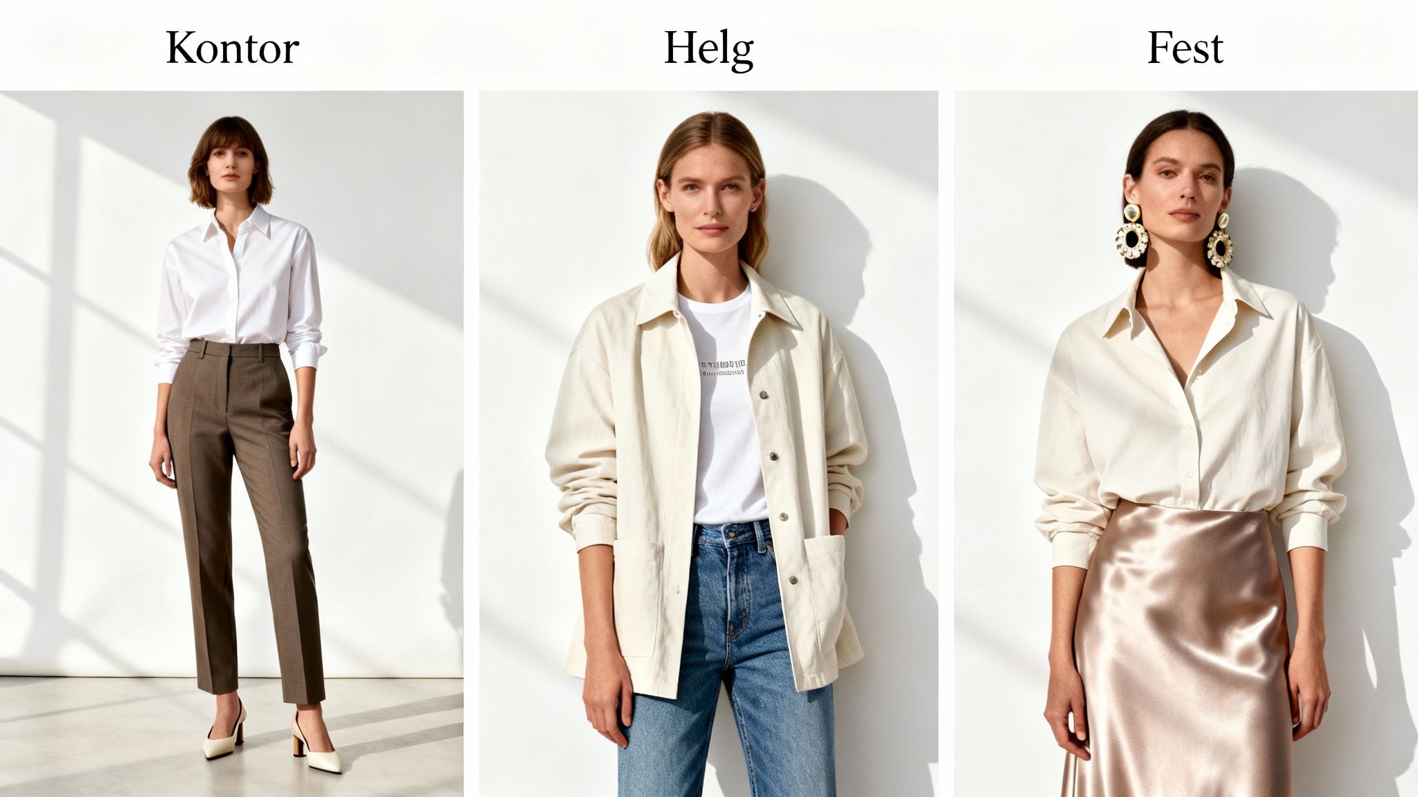 Tre kvinnor visar olika Rodebjer Tennessee Twill outfits för kontor, helg och fest.