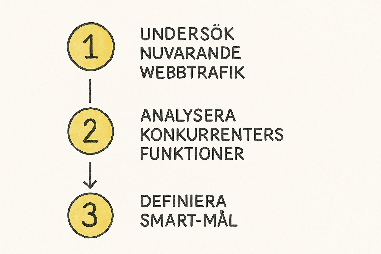 En infografik som visar en trestegsprocess: 1. Undersök nuvarande webbtrafik, 2. Analysera konkurrenters funktioner, 3. Definiera SMART-mål.
