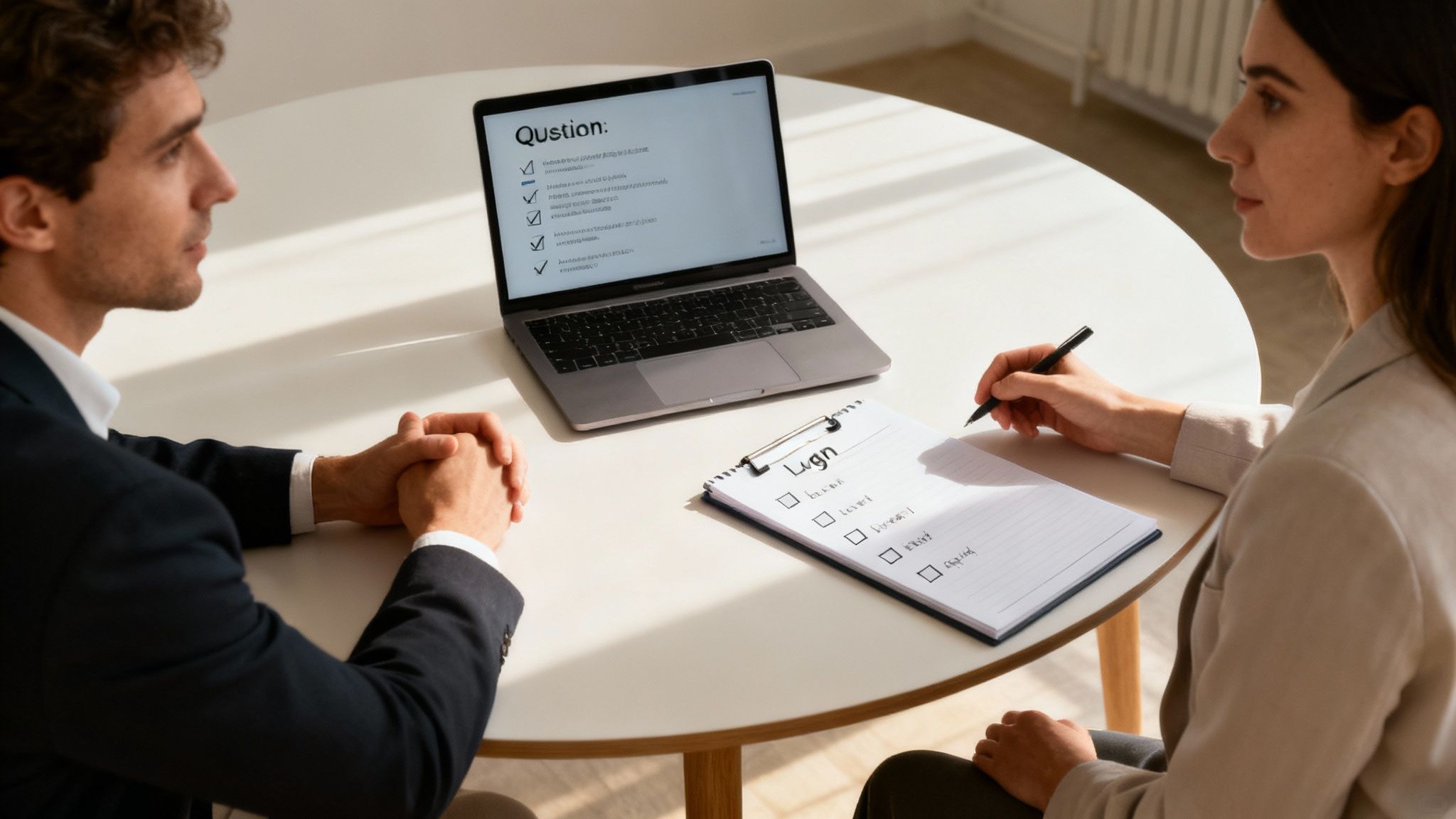 Två professionella konsulter diskuterar digital strategi och checklistor vid bärbar dator