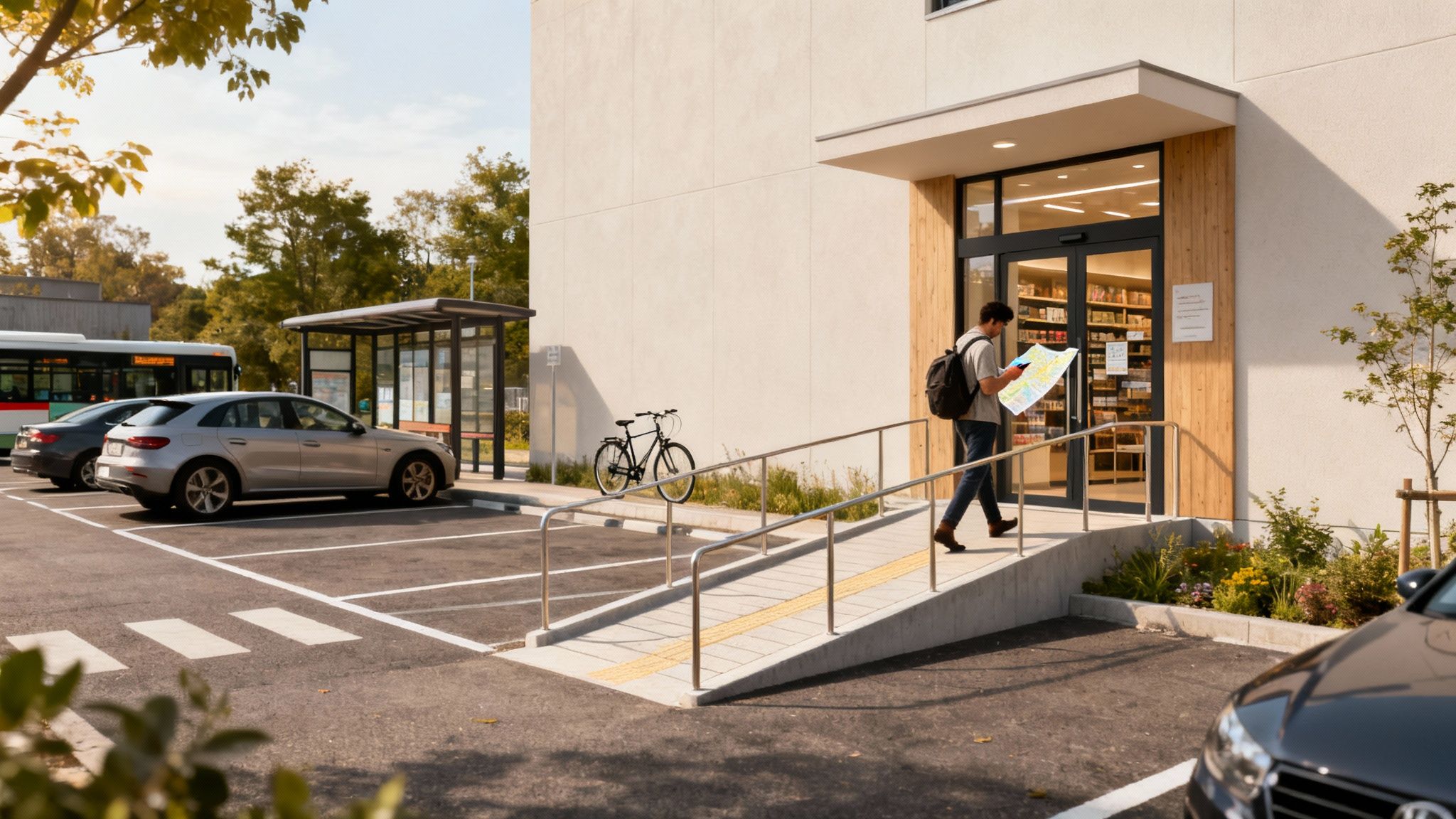 En man med ryggsäck tittar på en karta framför en byggnad med ramp, nära parkering och buss.