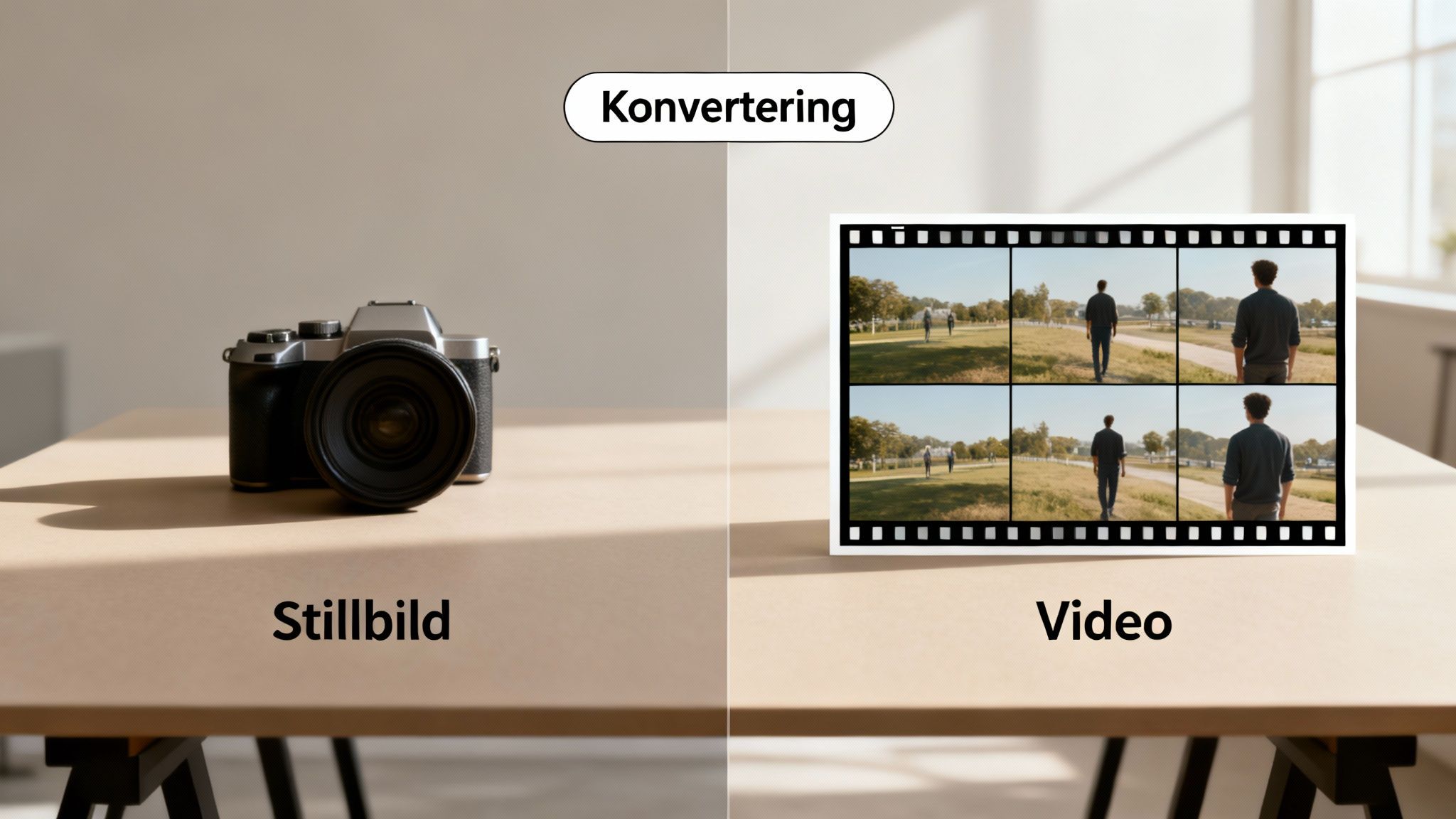 Vänster sida visar en stillbildskamera, höger sida en filmremsa med videoscener, under texten 'Konvertering'.
