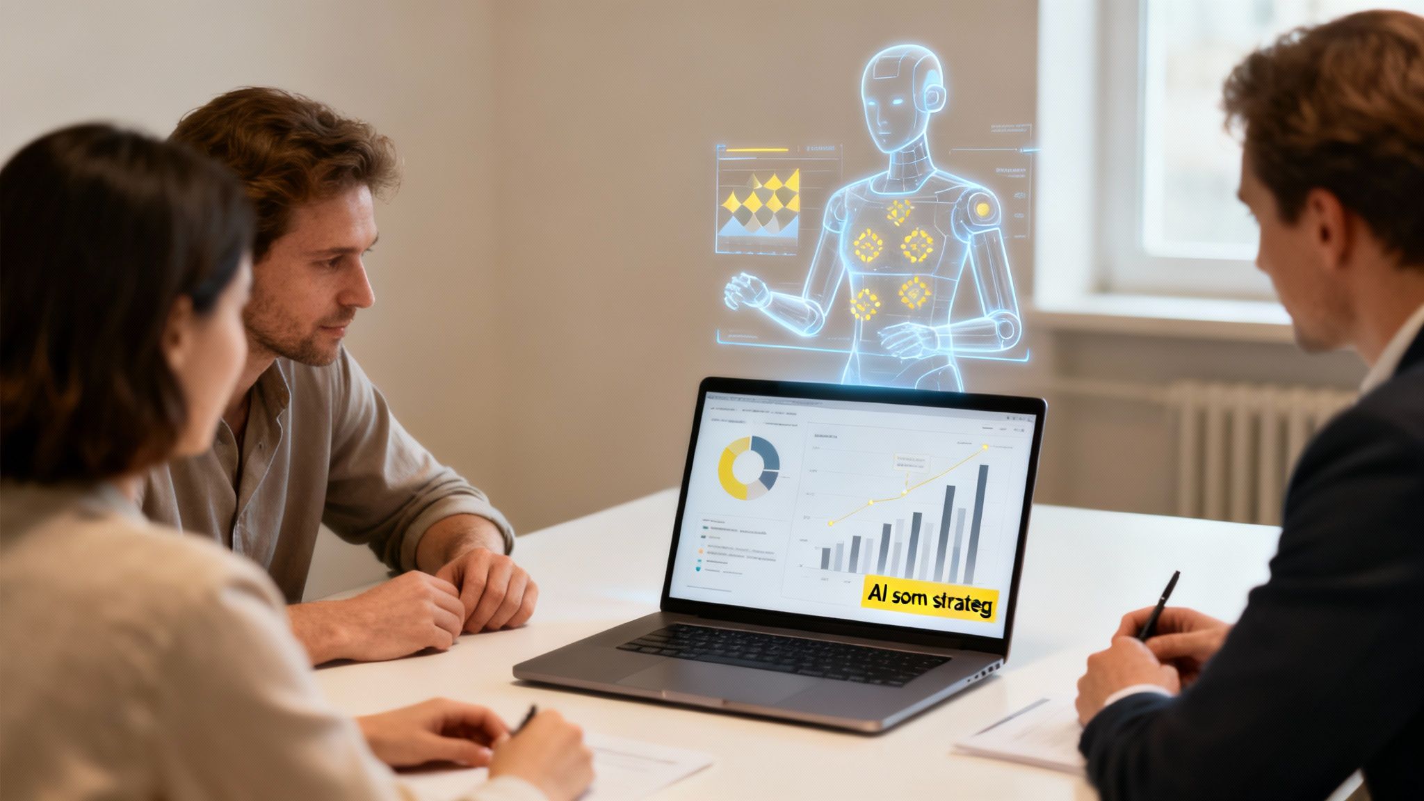 Tre personer vid ett bord diskuterar affärsstrategi med hjälp av en AI-robot och analyser på en laptop.