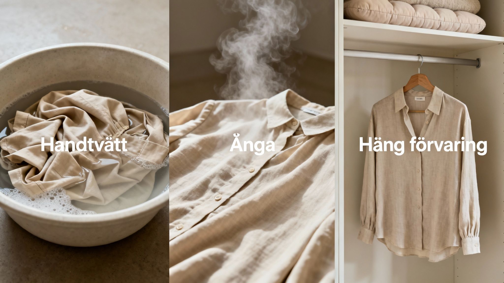 En tredelad bild som visar handtvätt, ångning och hängande förvaring av en beige skjorta.
