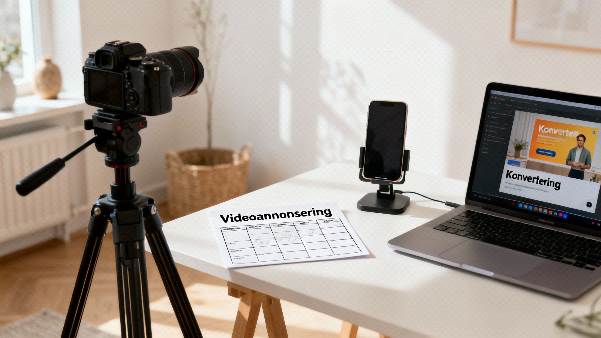 En arbetsplats med kamera på stativ, telefon och laptop som visar digital marknadsföring och videoannonsering.