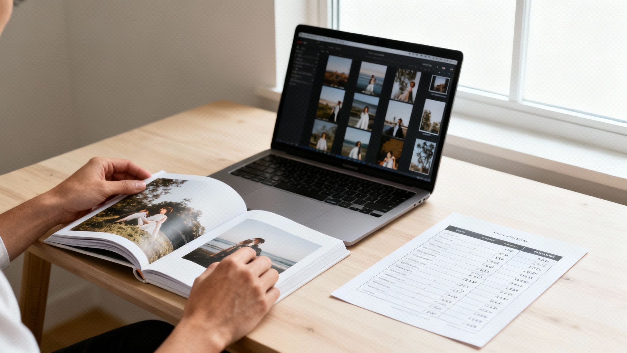 En person bläddrar i ett fotoalbum med en laptop som visar bilder och ett dokument på ett träbord.