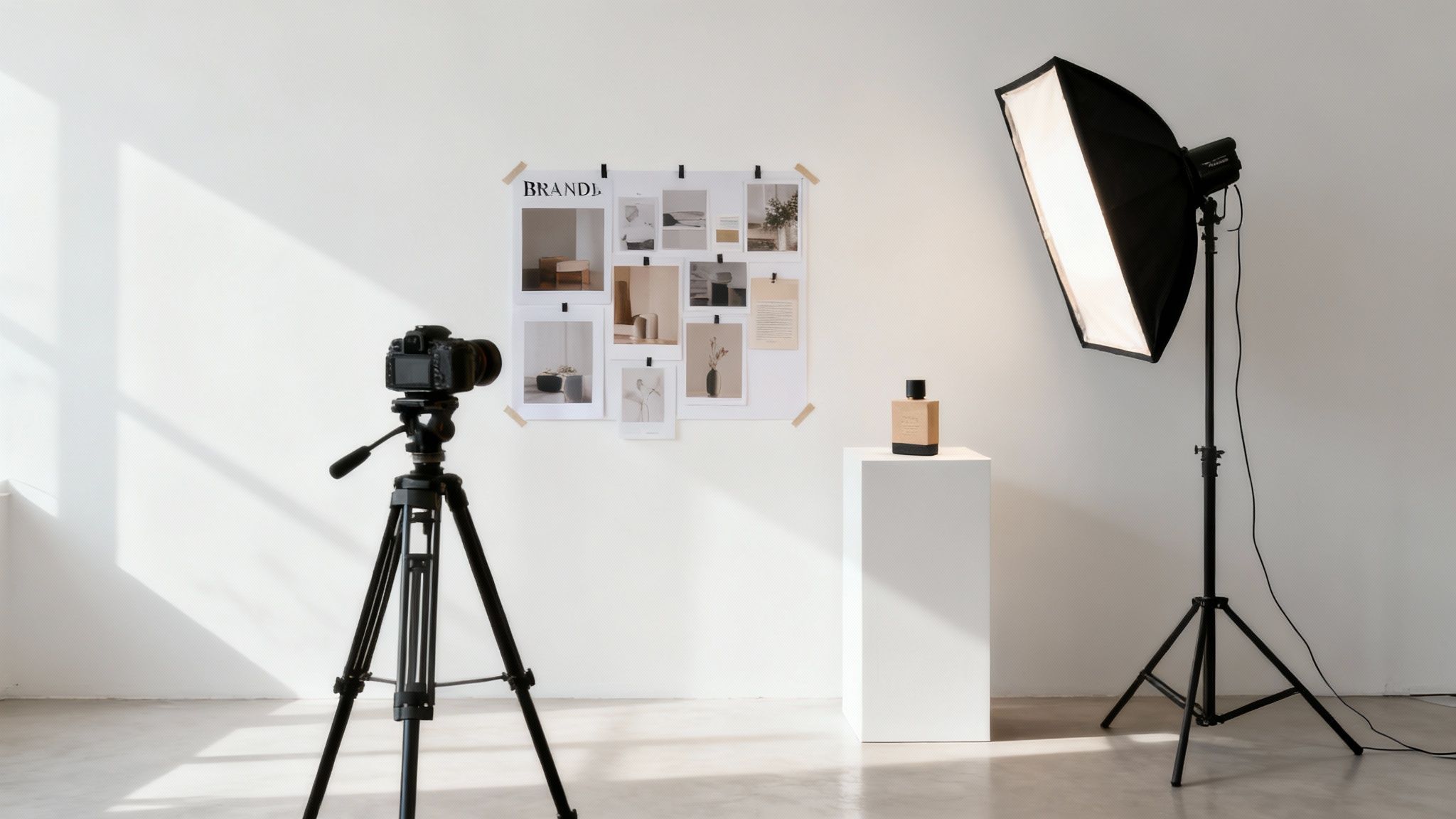 Professionell fotostudio med kamera på stativ, softbox-belysning och produktpedestal för varumärkesfotografering
