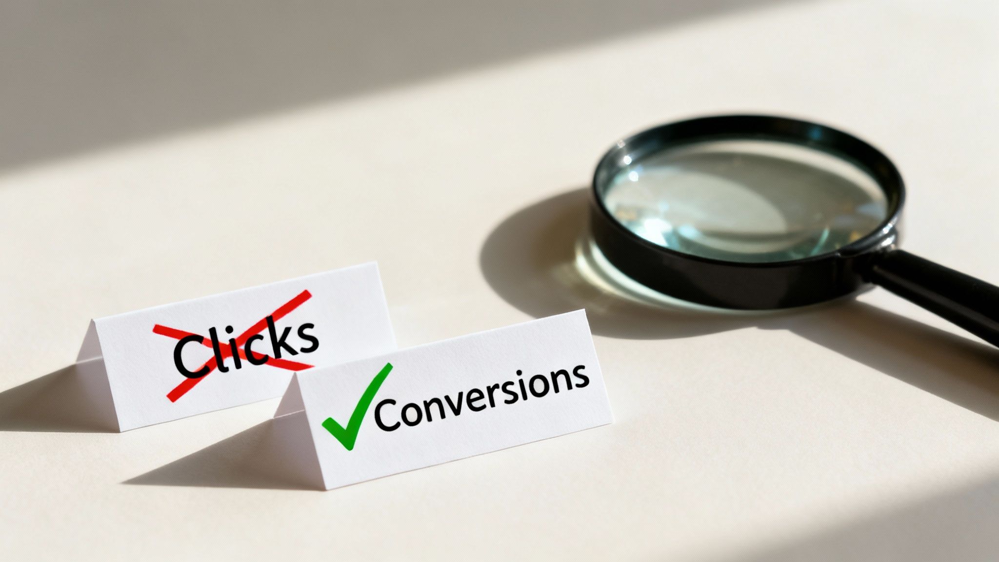 Bild på två kort som visar fokus på konverteringar snarare än klick, med en lupp bredvid.