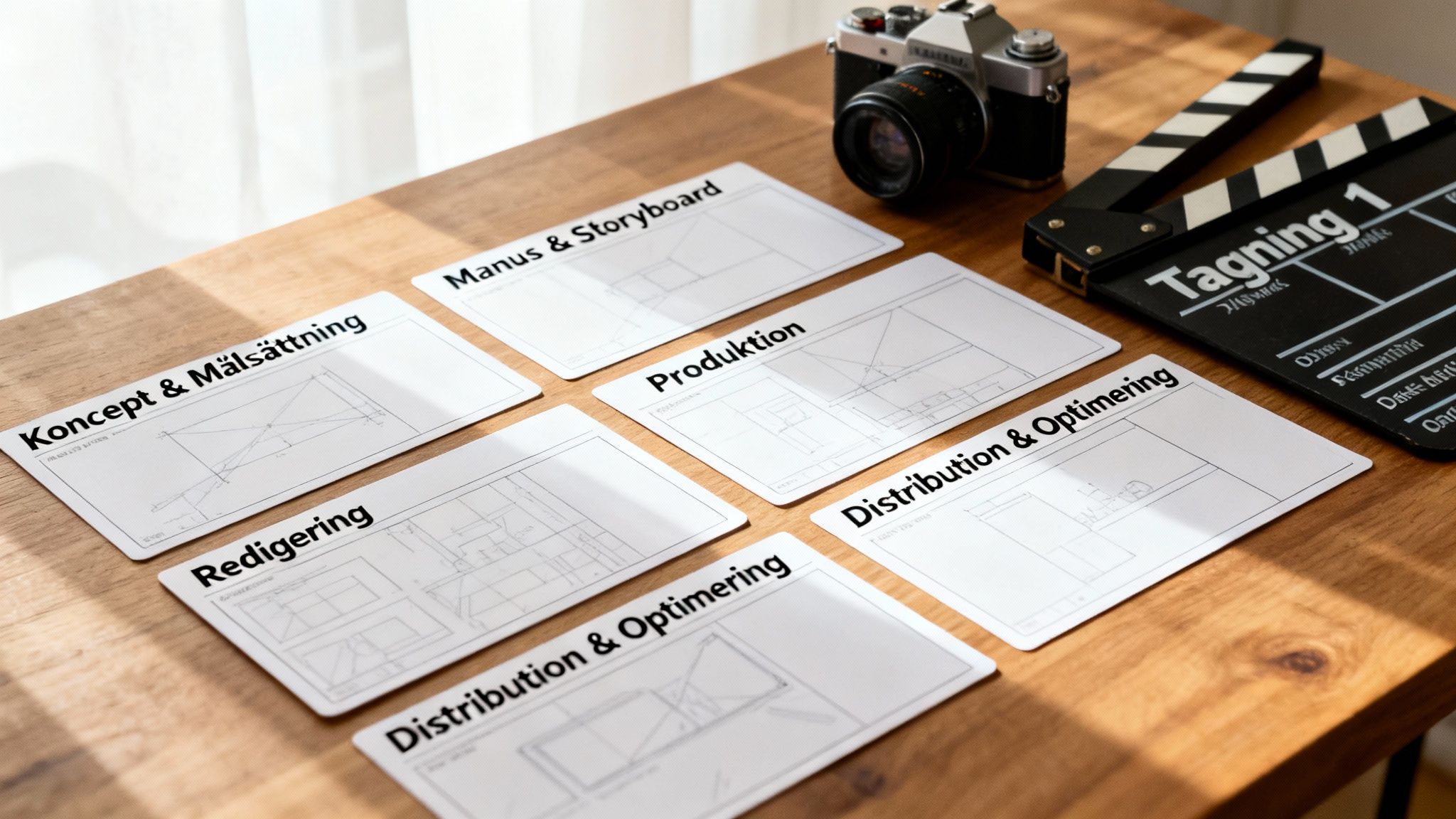 Vita kort med text om digital medieproduktion, som 'Koncept & Målsättning' och 'Produktion', ligger på ett träbord bredvid en kamera och en filmklappa.