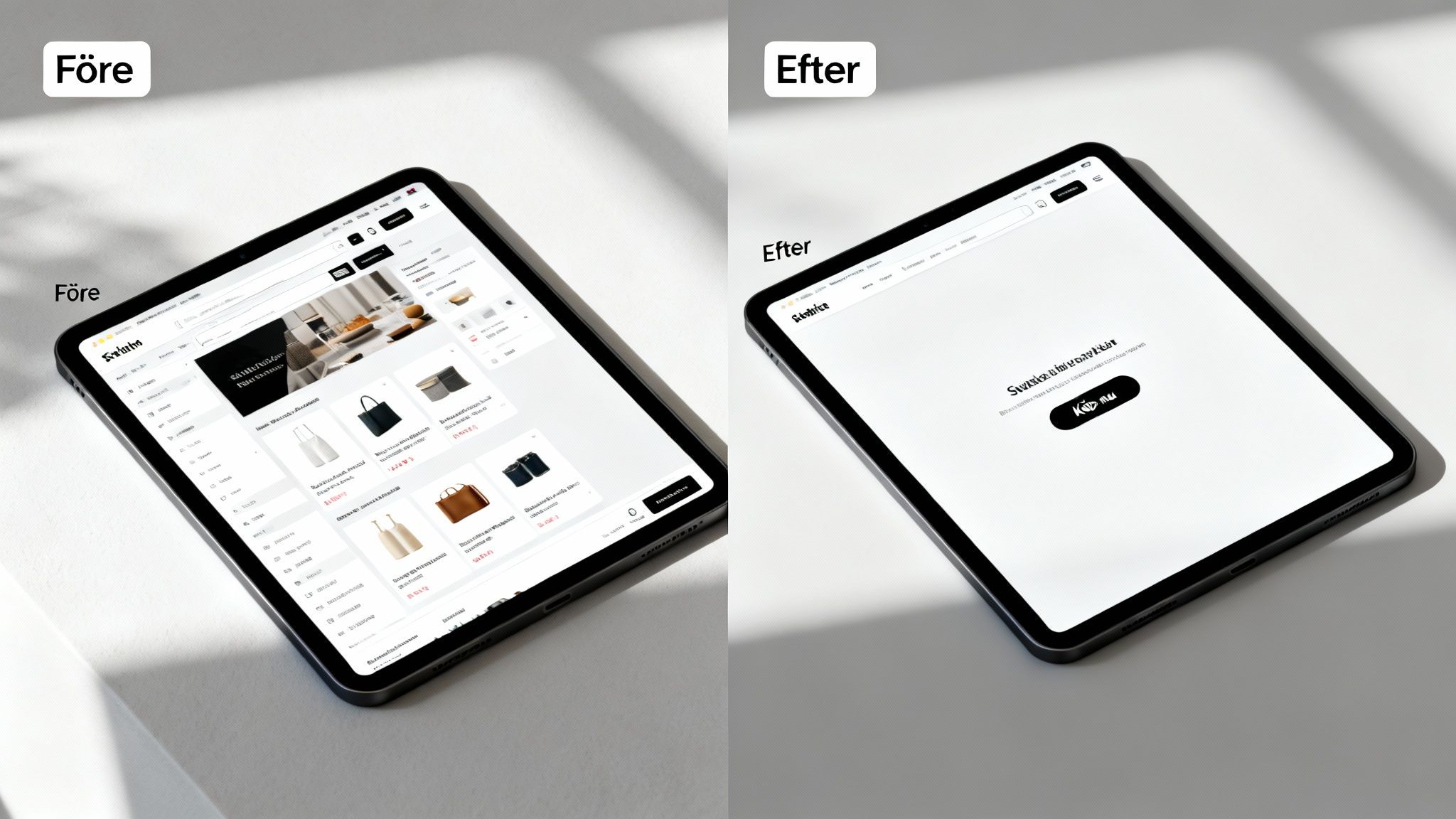 Jämförelse av en rörig e-handelssida före och en renare, förenklad design efter. Fokus på UX/UI förbättring.