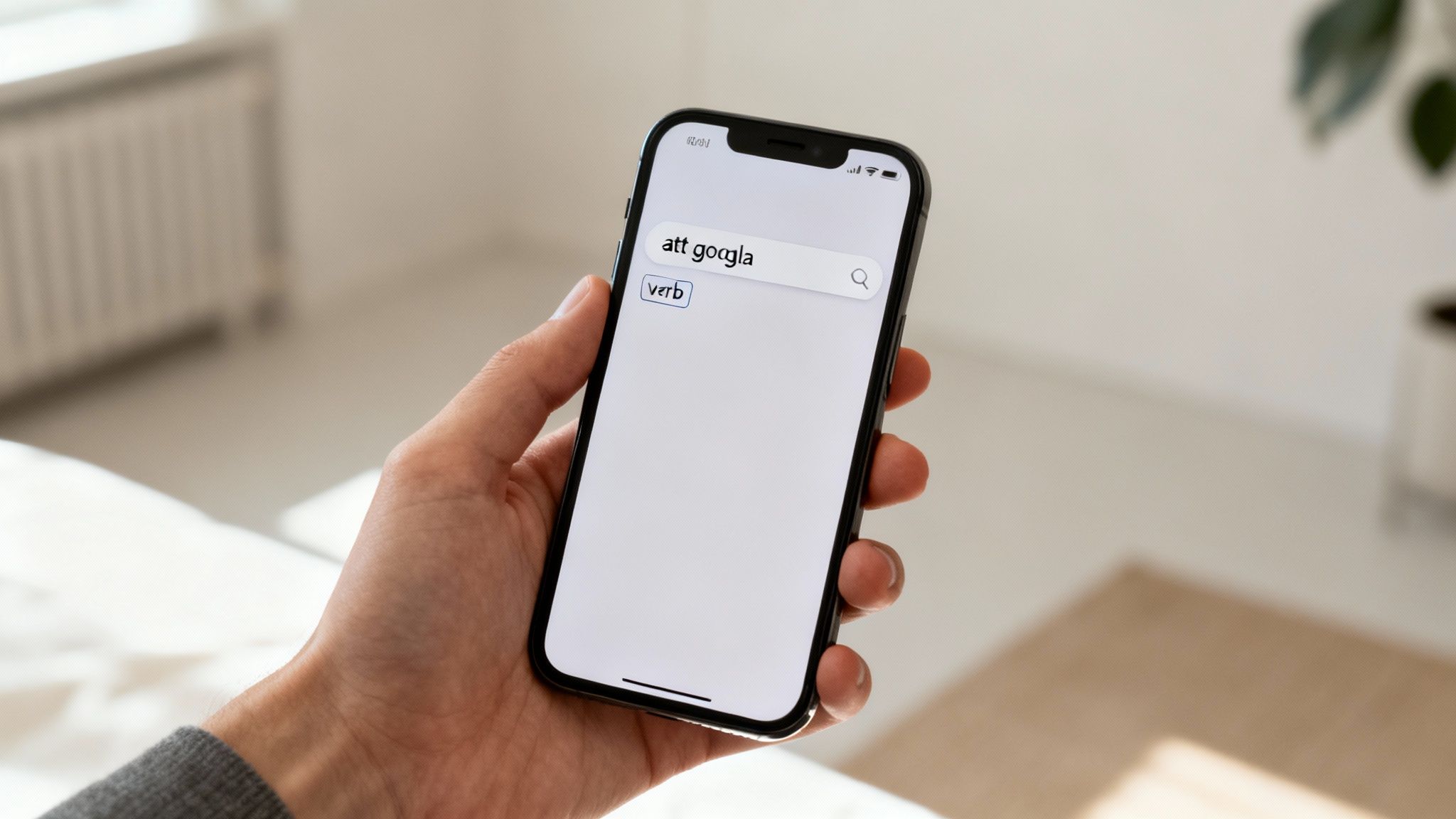 En hand håller en iPhone som visar en Google-sökning efter "att googla" med "verb" som förslag.