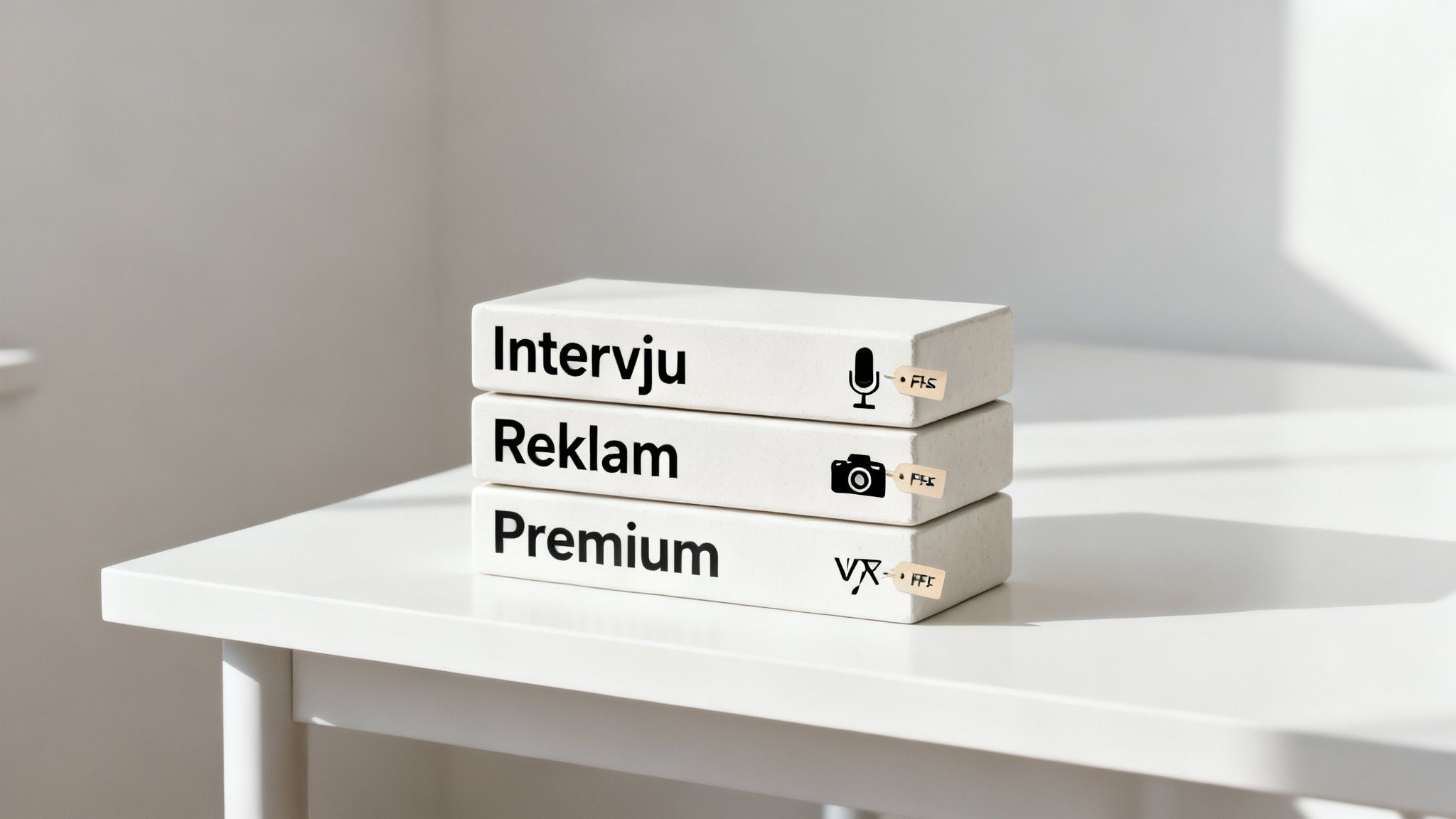 En stapel med tre vita block på ett vitt bord, märkta 'Intervju', 'Reklam' och 'Premium' med ikoner.