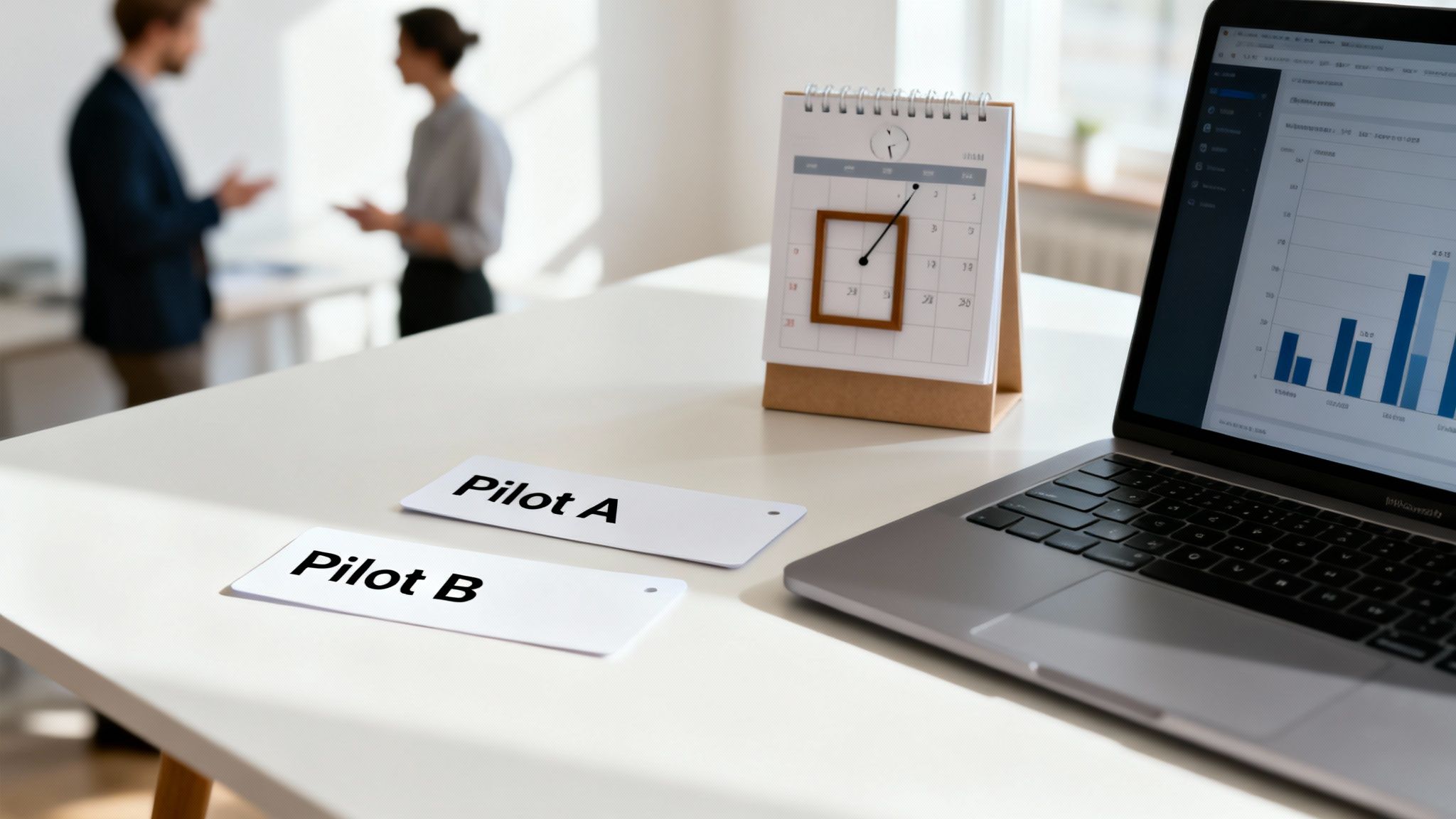 Ett kontorsbord med en laptop, kalender och "Pilot A" och "Pilot B" kort, med två personer som pratar i bakgrunden.