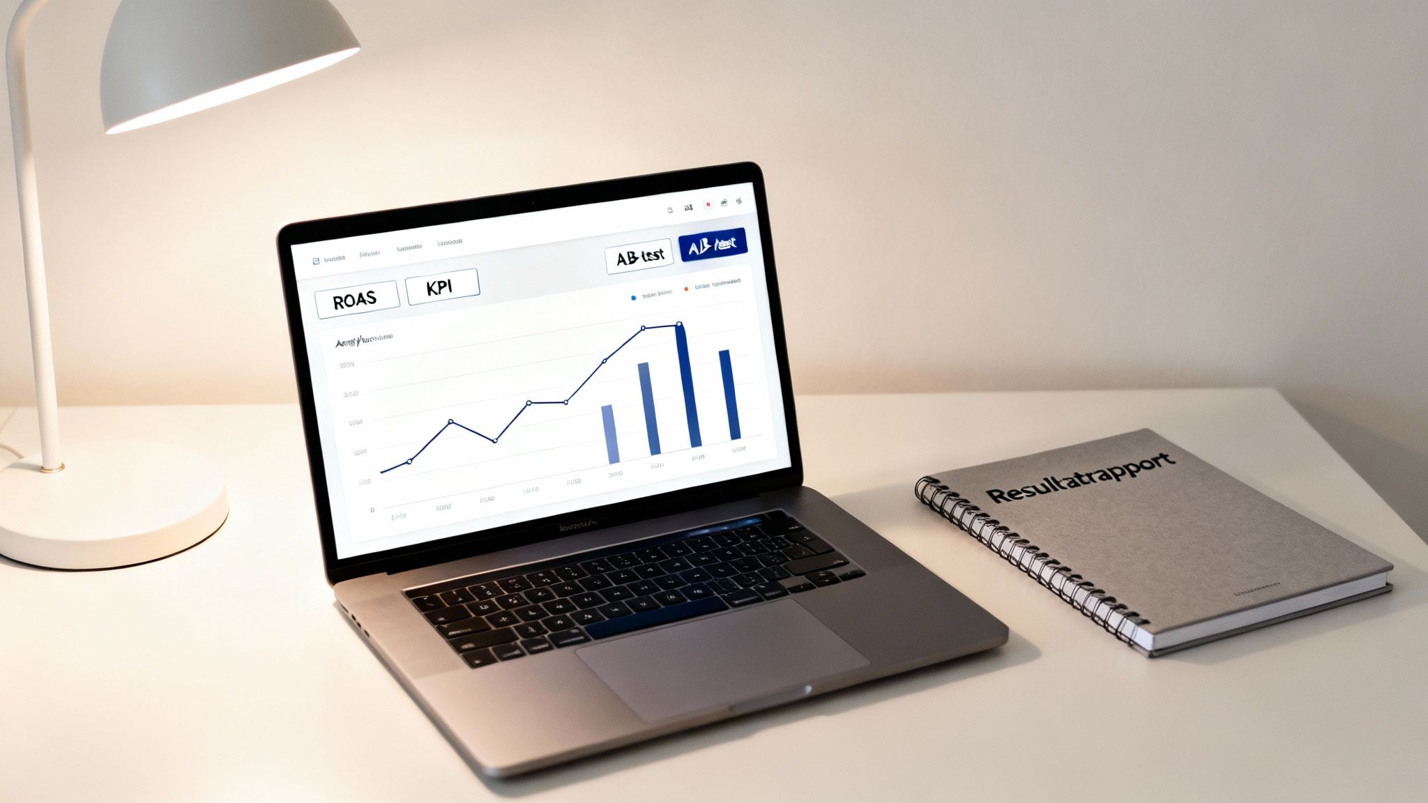 Bärbar dator visar en resultatrapport med diagram över ROAS och KPI, bredvid en anteckningsbok på ett skrivbord.