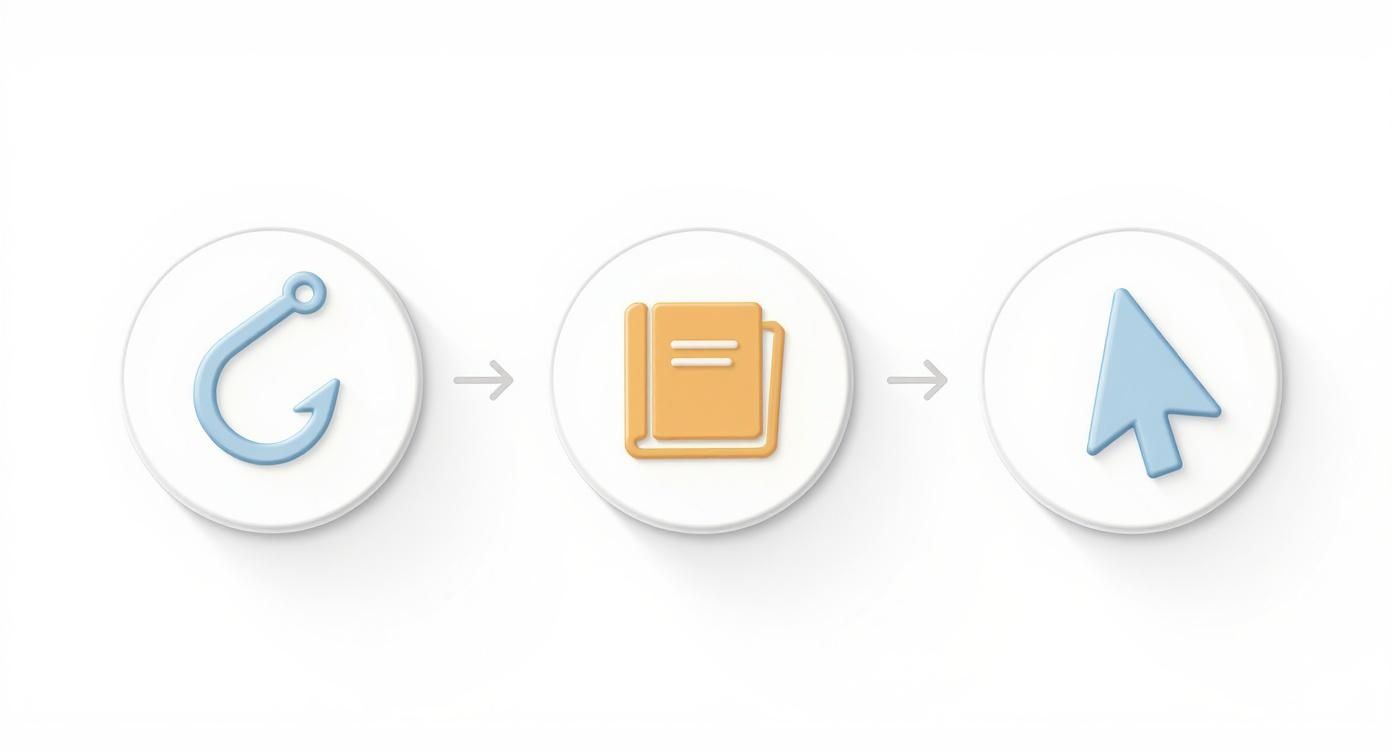 En bild som visar en konverteringsprocess med ikoner för fiskekrok, dokument och muspekare.