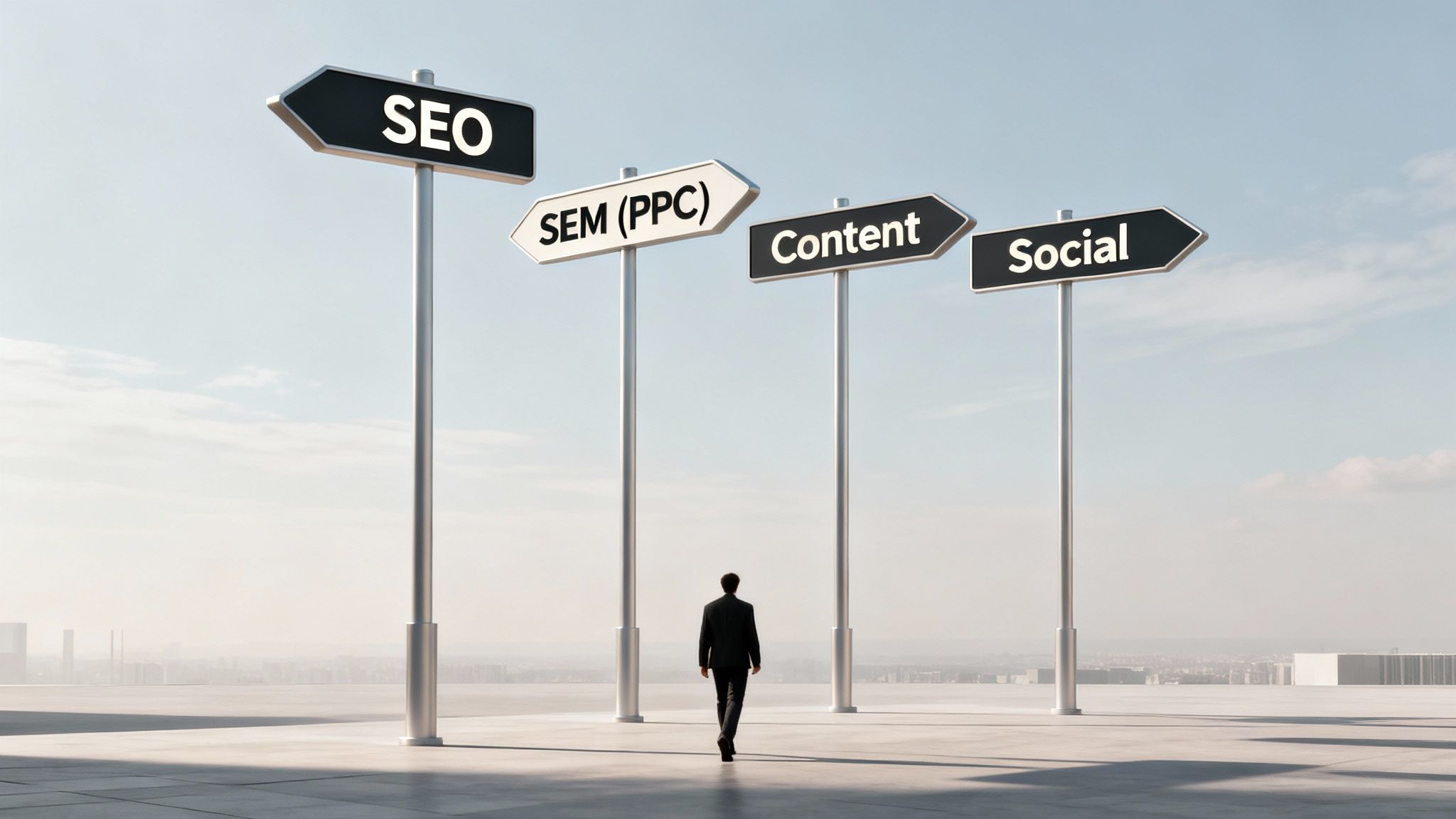 En person går mot vägskyltar med texten SEO, SEM (PPC), Content och Social.
