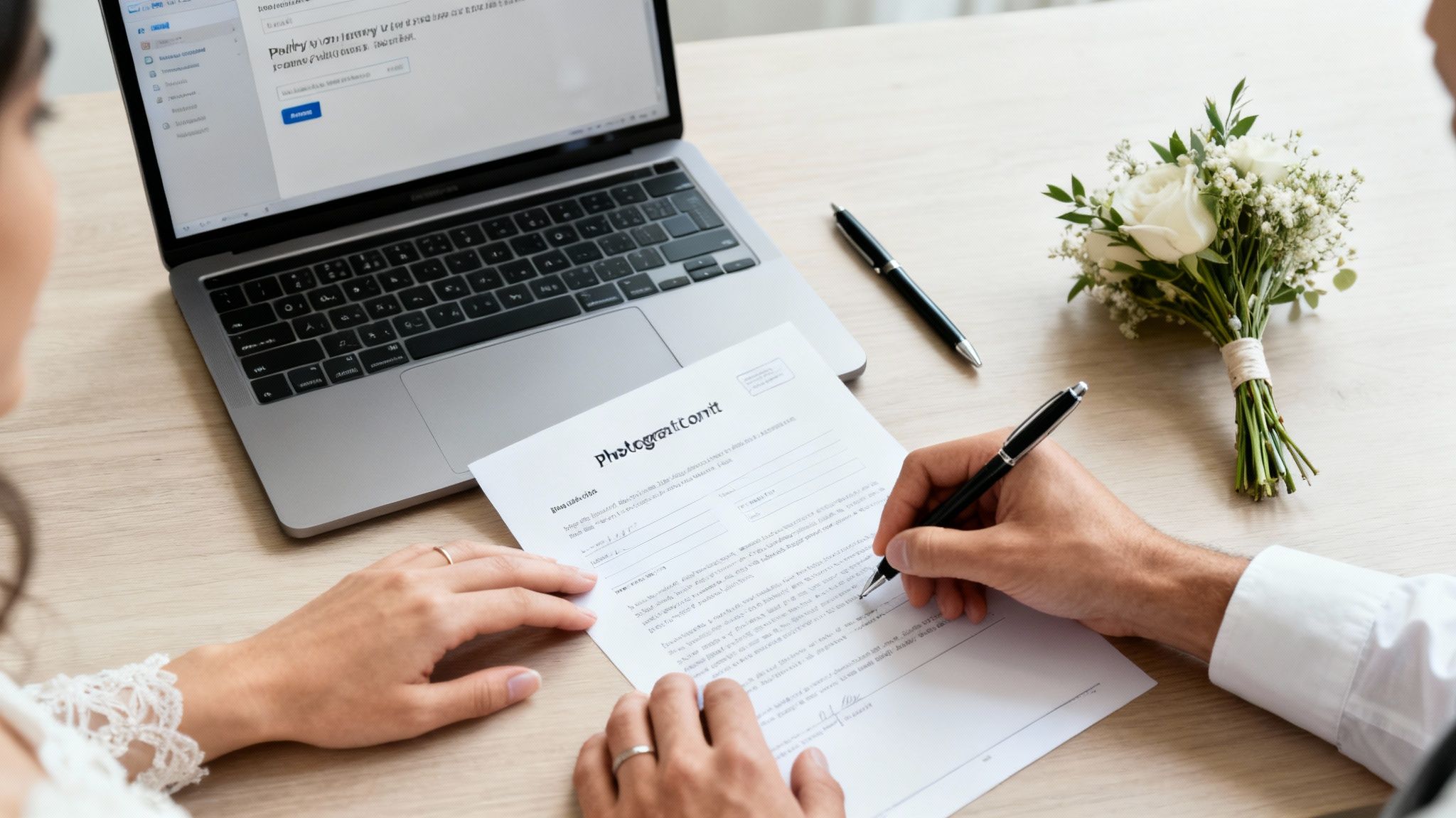 Ett par som håller om varandra och skrattar, med fokus på deras ringar.