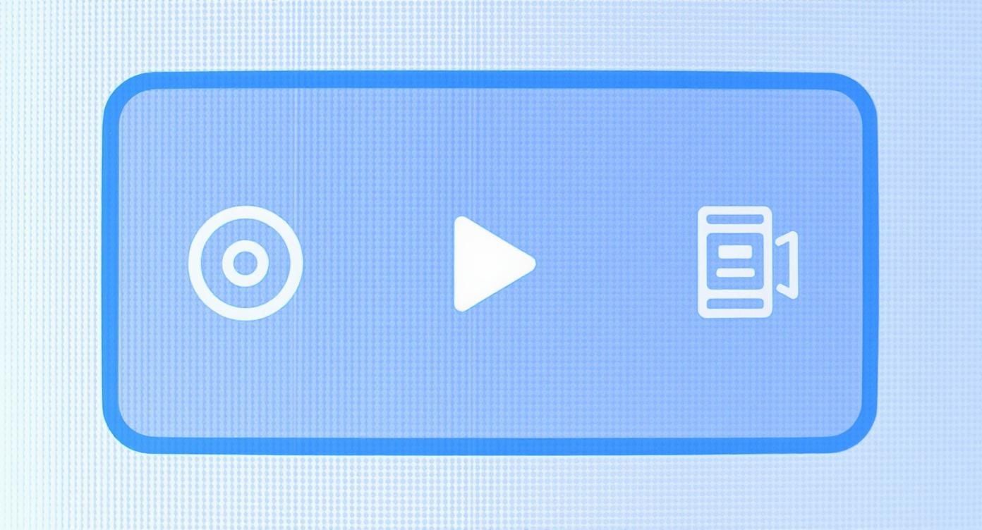 Ljusblå kontrollpanel med vita ikoner för inspelning, uppspelning och video. Tydlig gränssnittsdesign för media.