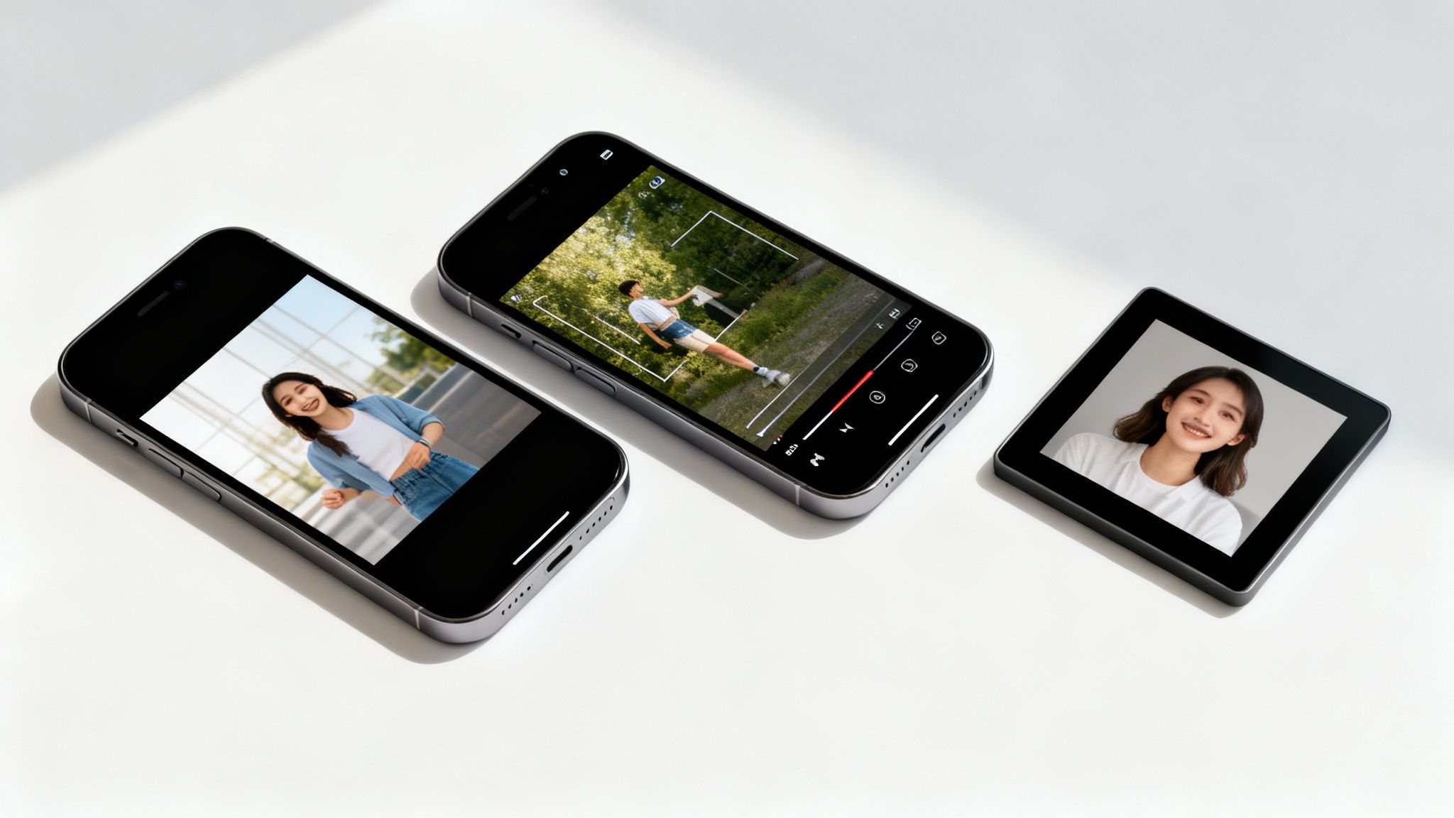 Tre moderna mobiler och en liten skärm som visar bilder och en video på en leende ung kvinna.