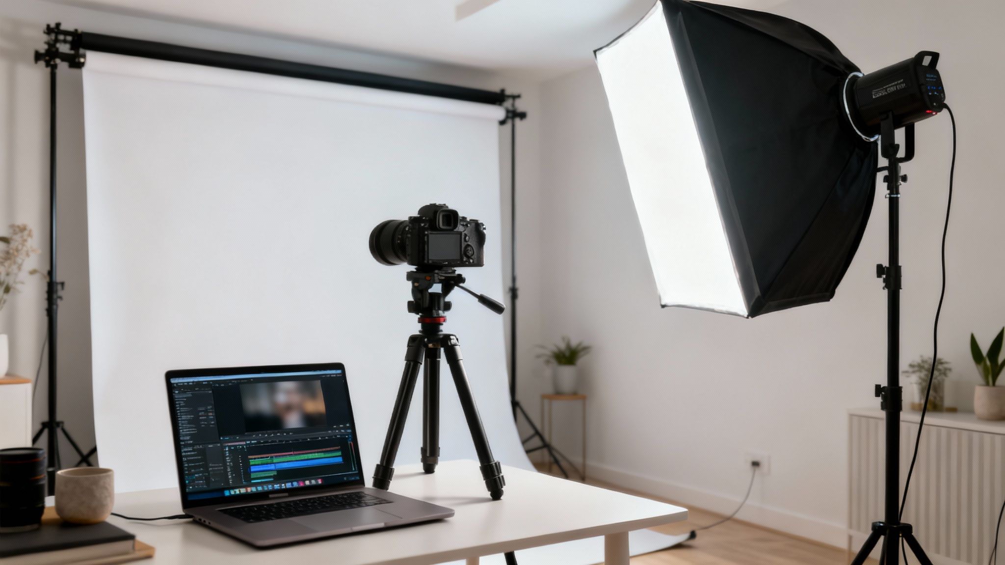 En modern fotostudio med en kamera på stativ, en bärbar dator med videoredigering och en stor mjukboxlampa.