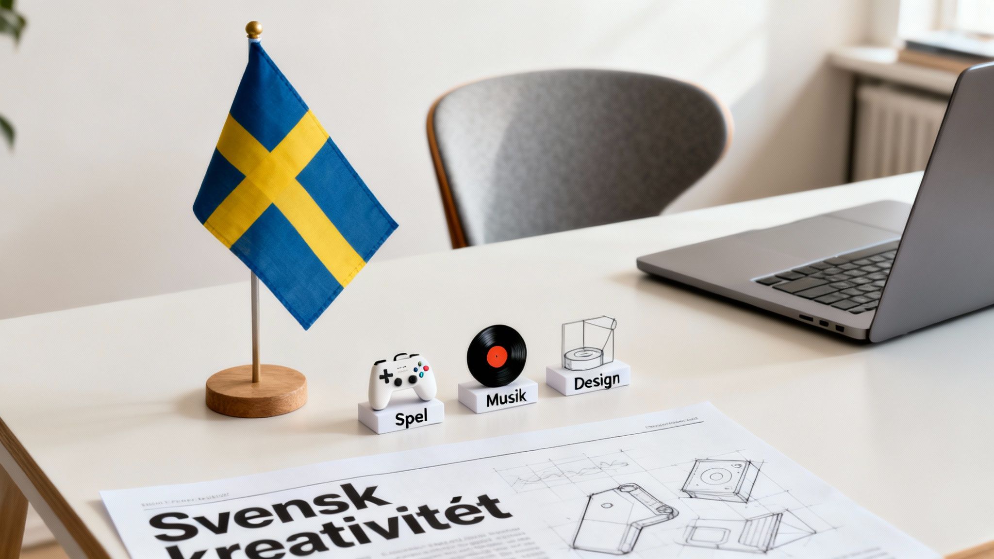 Svensk flagga på ett skrivbord med symboler för spel, musik och design, samt texten 'Svensk kreativitet'.