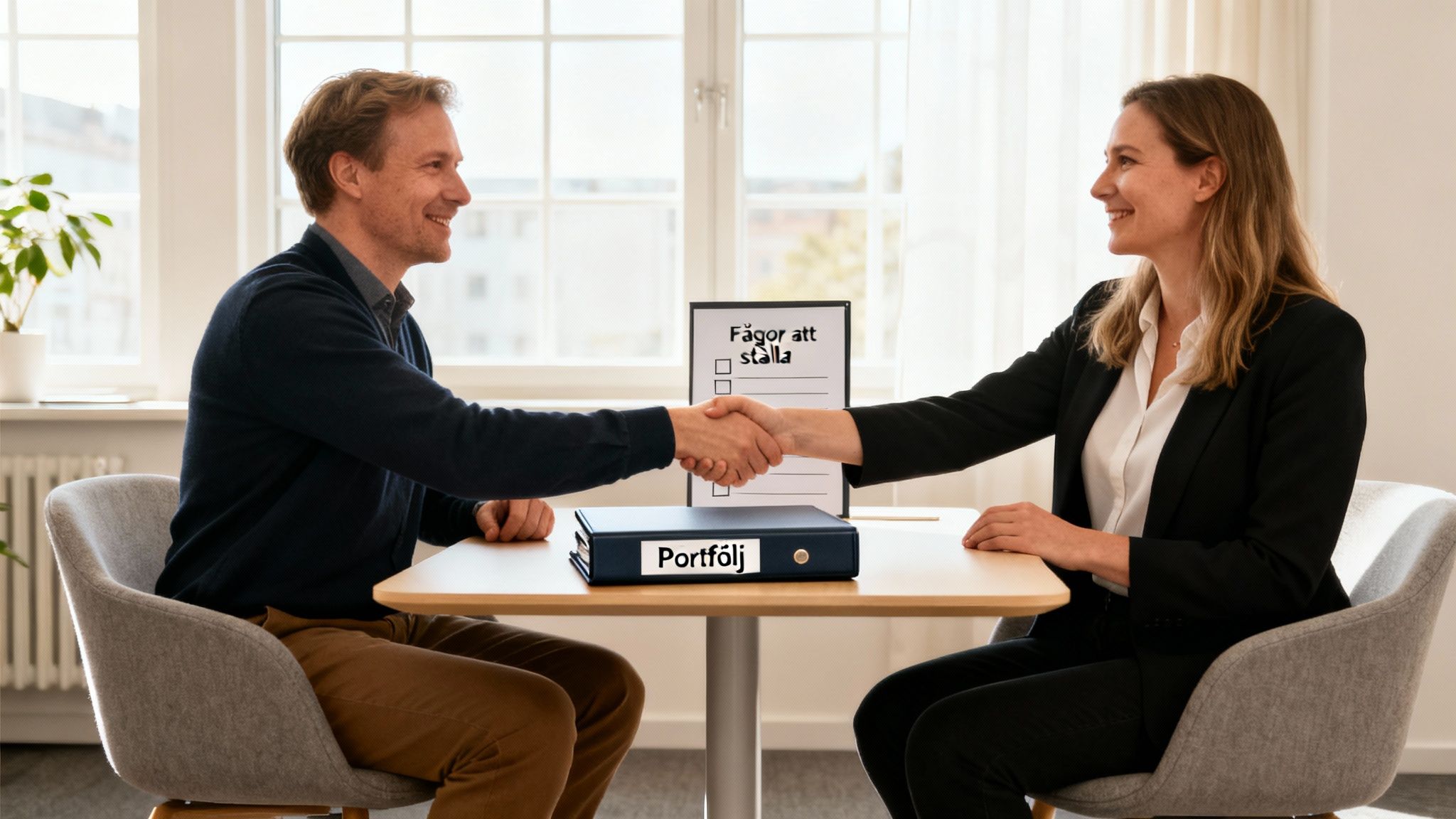 Två leende affärspersoner skakar hand vid ett bord, med en pärm och en lista med frågor emellan dem.
