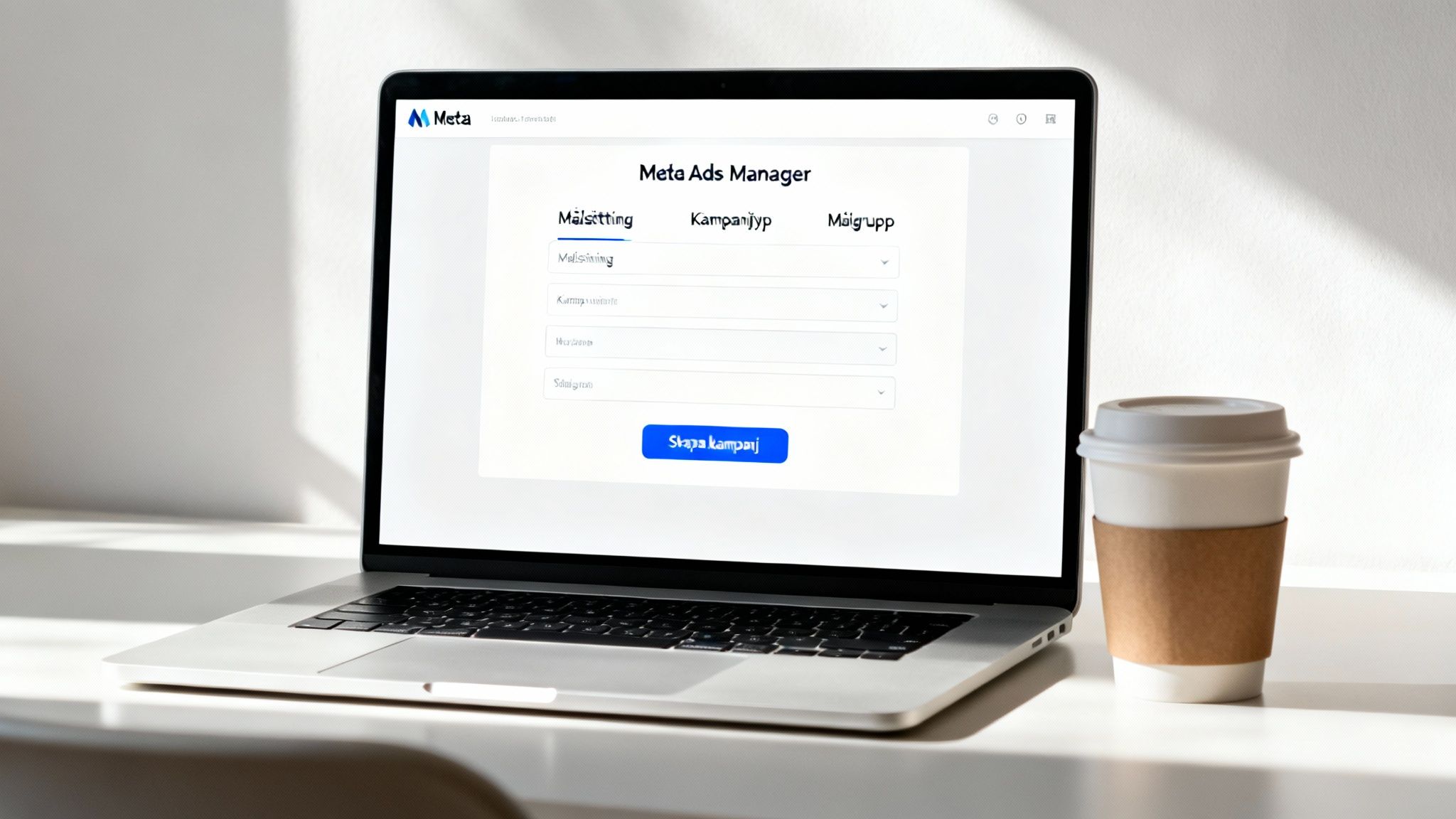 En laptop visar Meta Ads Manager-gränssnittet med formulär och en kaffekopp bredvid på ett skrivbord.