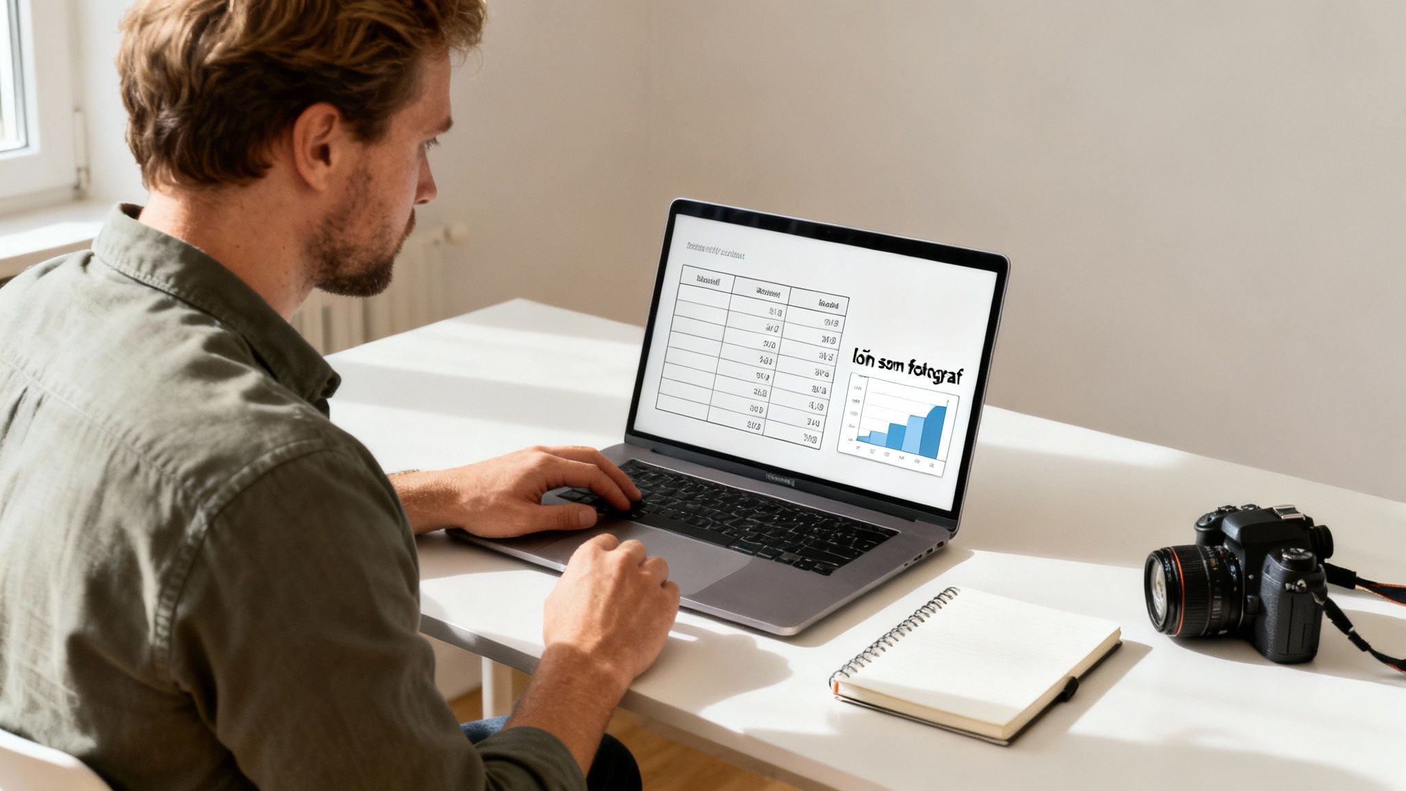 En man tittar på en laptop med ett kalkylblad och ett diagram över lön som fotograf. En kamera och anteckningsbok ligger bredvid.