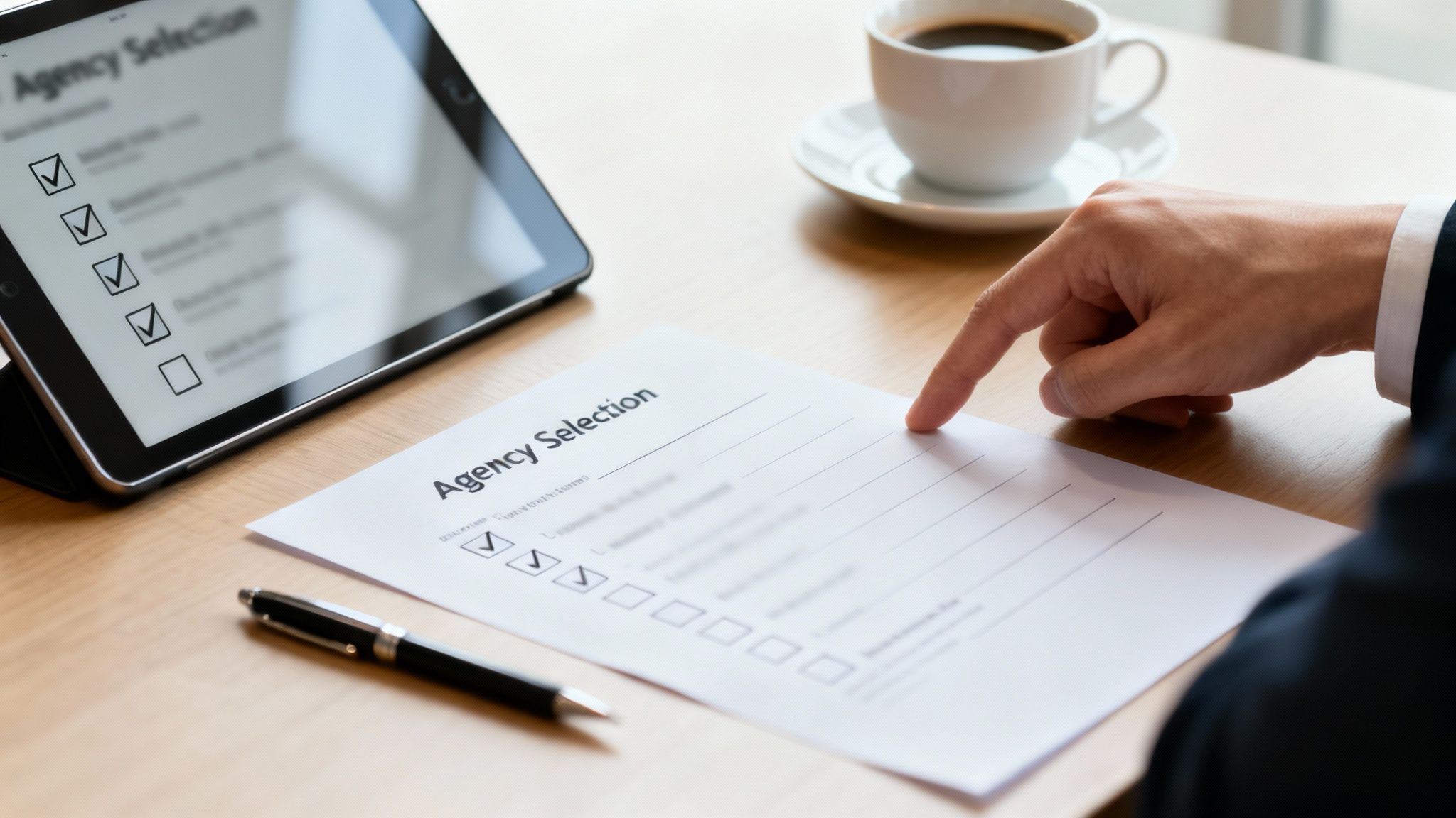 Persons hand pekar på ett pappersformulär för byråval. En surfplatta visar en liknande digital checklista bredvid.