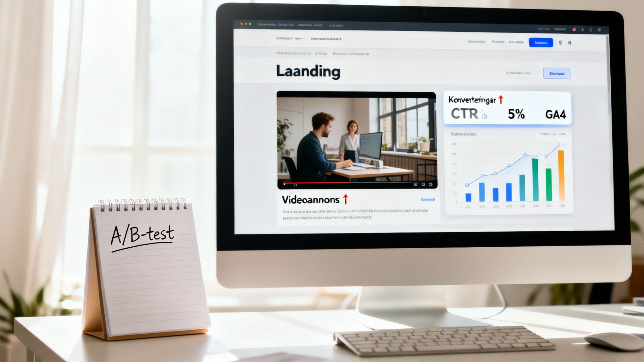 En datorskärm visar en landningssida med video och konverteringsstatistik, bredvid en anteckningsbok med texten 'A/B-test'.