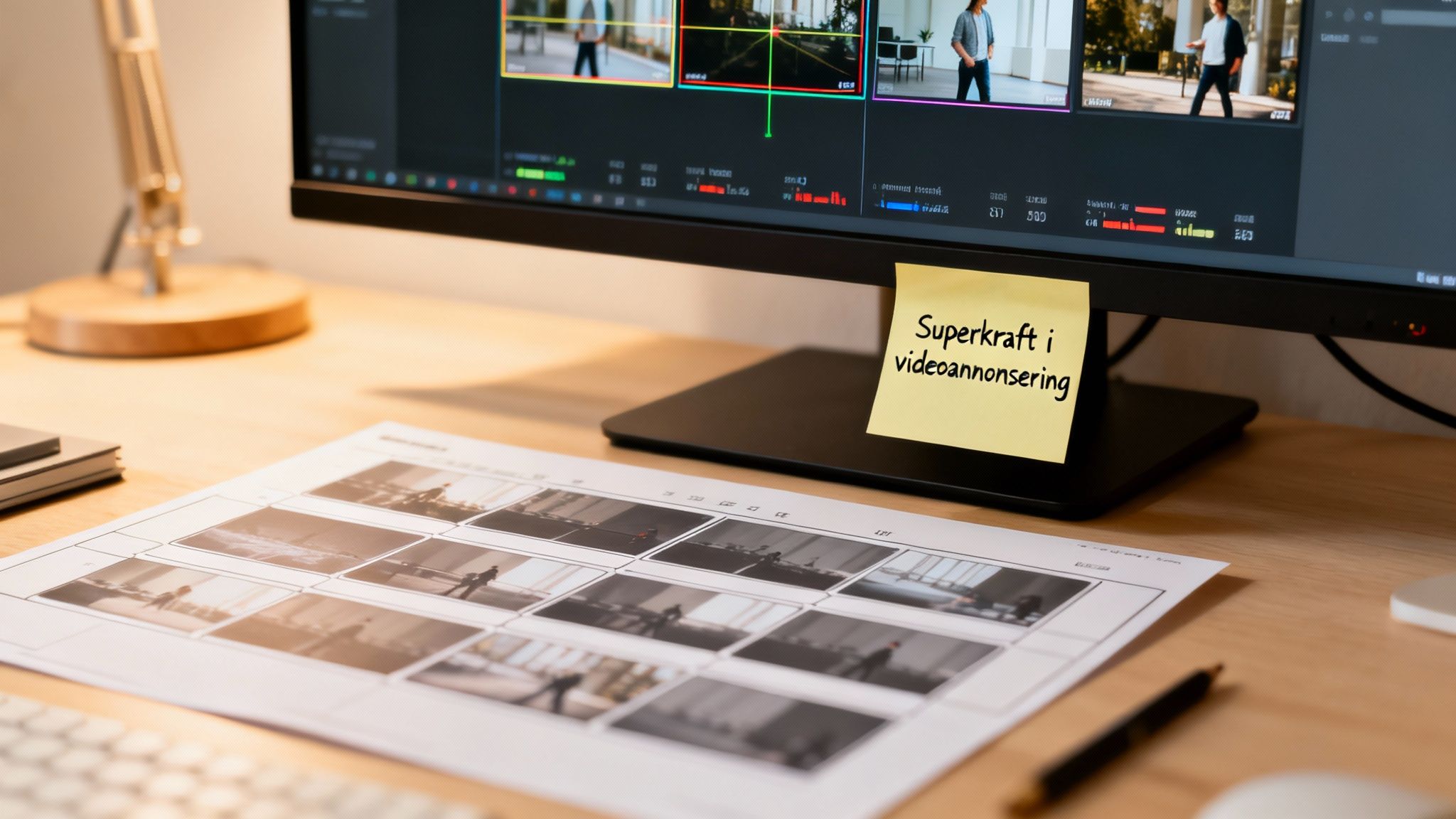 Kontor med datorskärm som visar videoredigering, storyboard, post-it lapp med texten 'Superkraft i videoannonsering'.