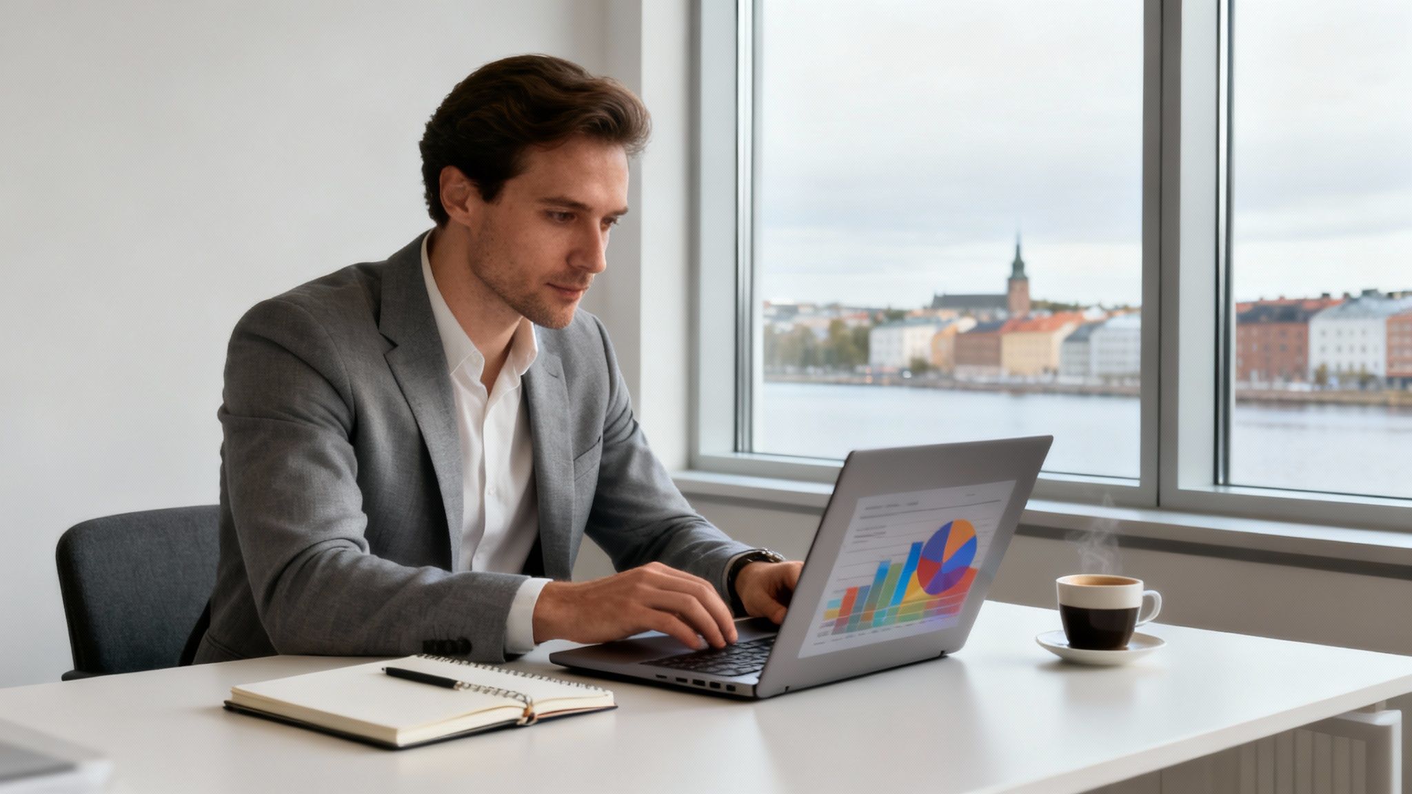 En man i kostym arbetar koncentrerat på en bärbar dator med diagram och grafik på skärmen, vid ett fönster.
