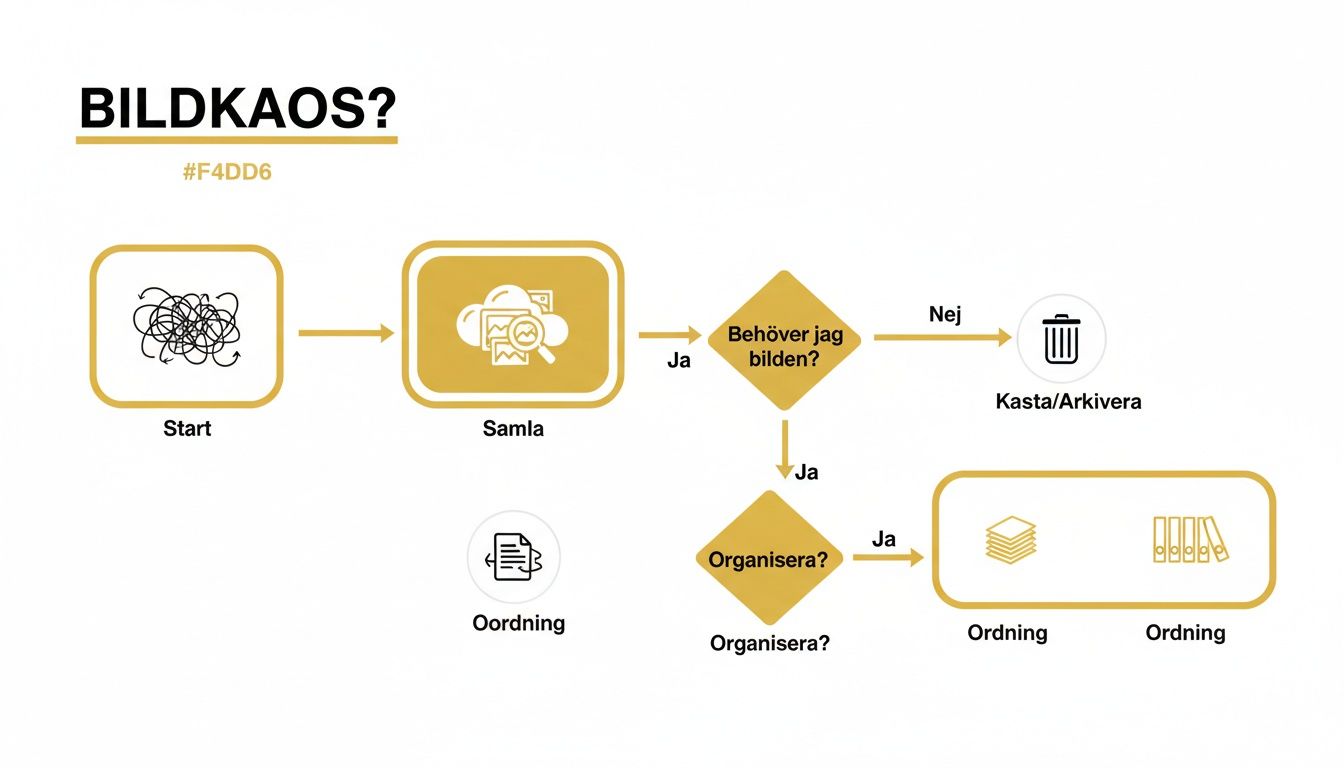 Flödesschema som visar processen för bildhantering, från kaos till sortering, arkivering eller organisering av bilder.