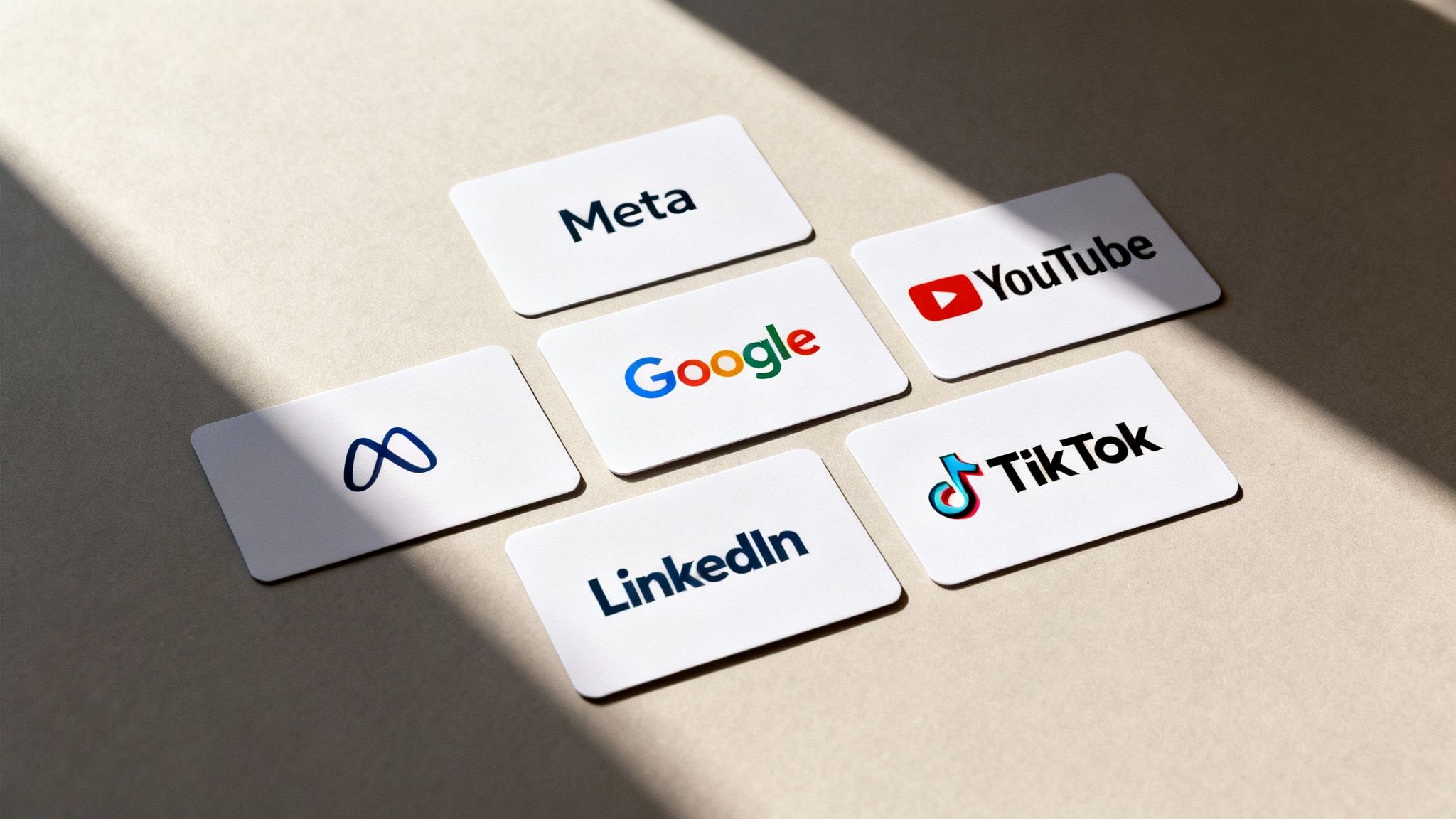 Kort med logotyper för Meta, Google, YouTube, LinkedIn och TikTok på en ljus yta.