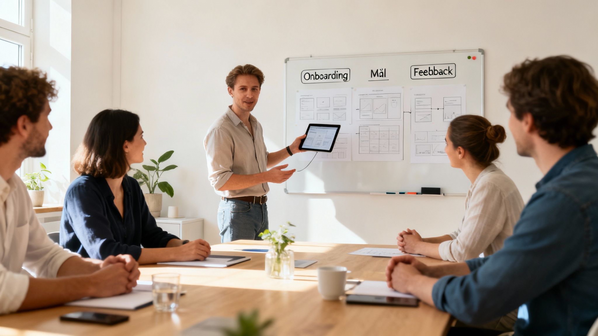 En man presenterar design på en surfplatta för en grupp kollegor i ett ljust mötesrum.